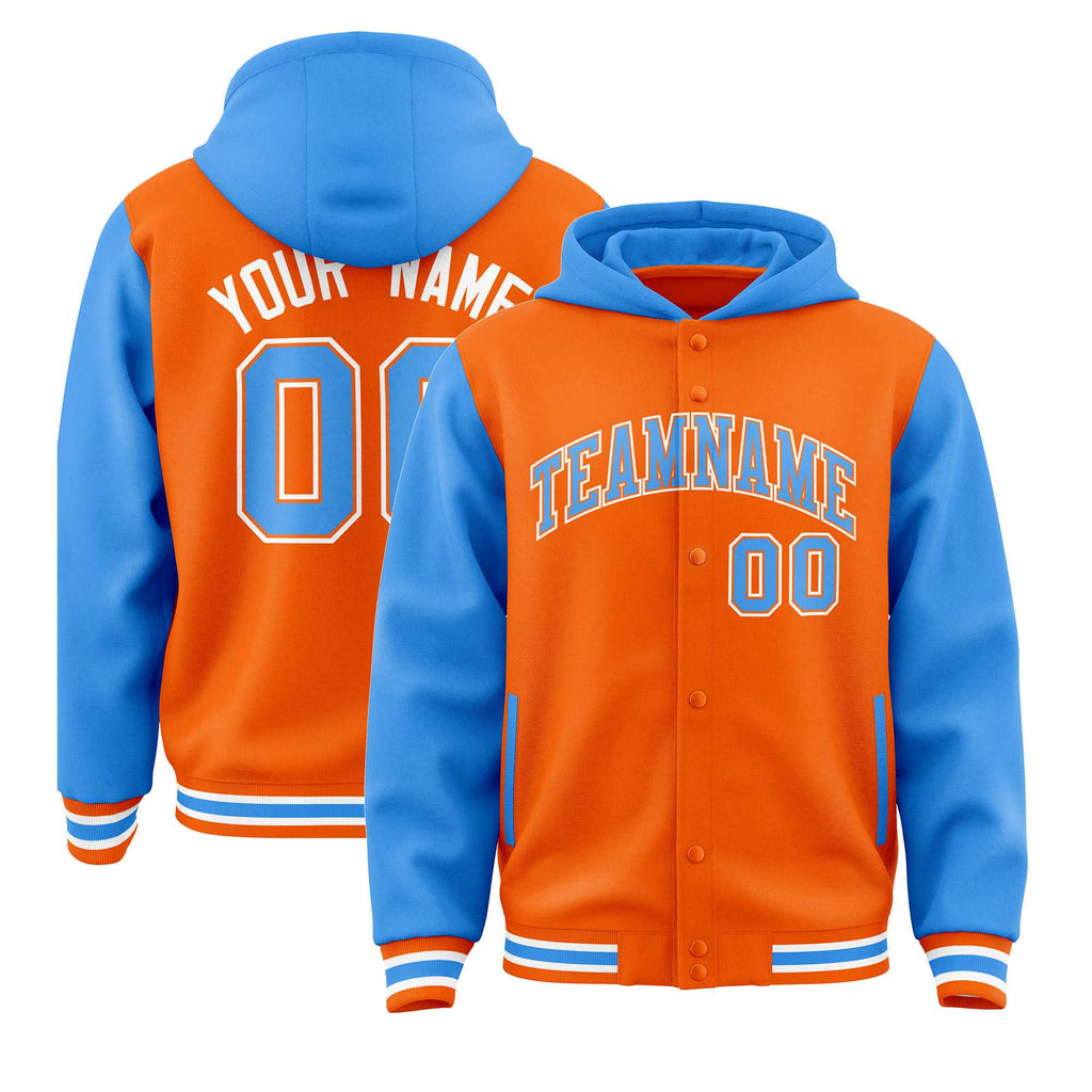 Custom Orange Powder Blue Raglan Sleeves Varsity Full-Snap Letterman Two Tone Jacket Hoodie