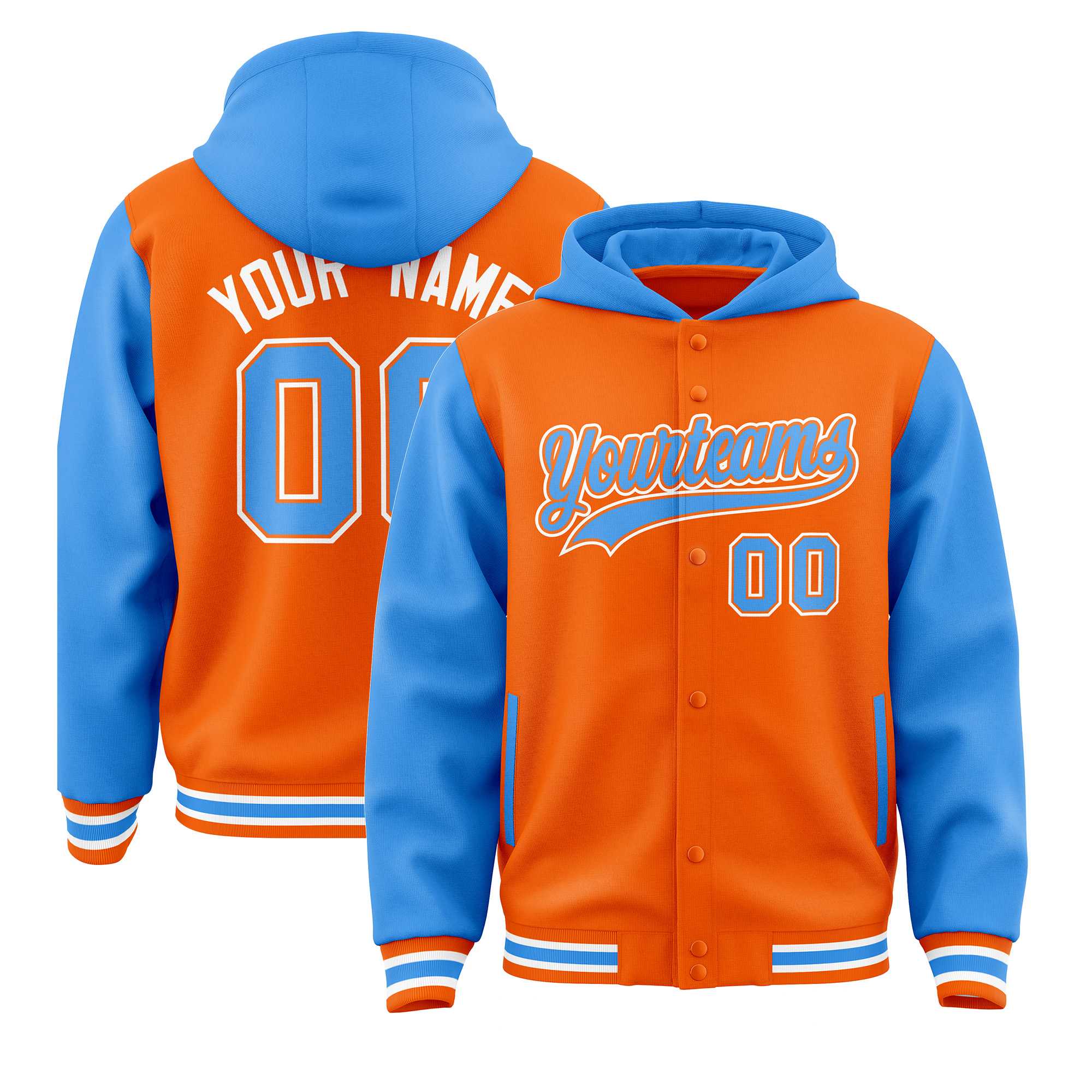 Custom Orange Powder Blue Raglan Sleeves Varsity Full-Snap Letterman Two Tone Jacket Hoodie