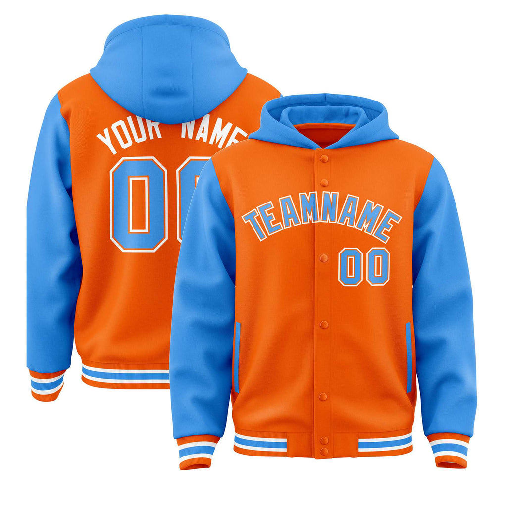 Custom Orange Powder Blue Raglan Sleeves Varsity Full-Snap Letterman Two Tone Jacket Hoodie