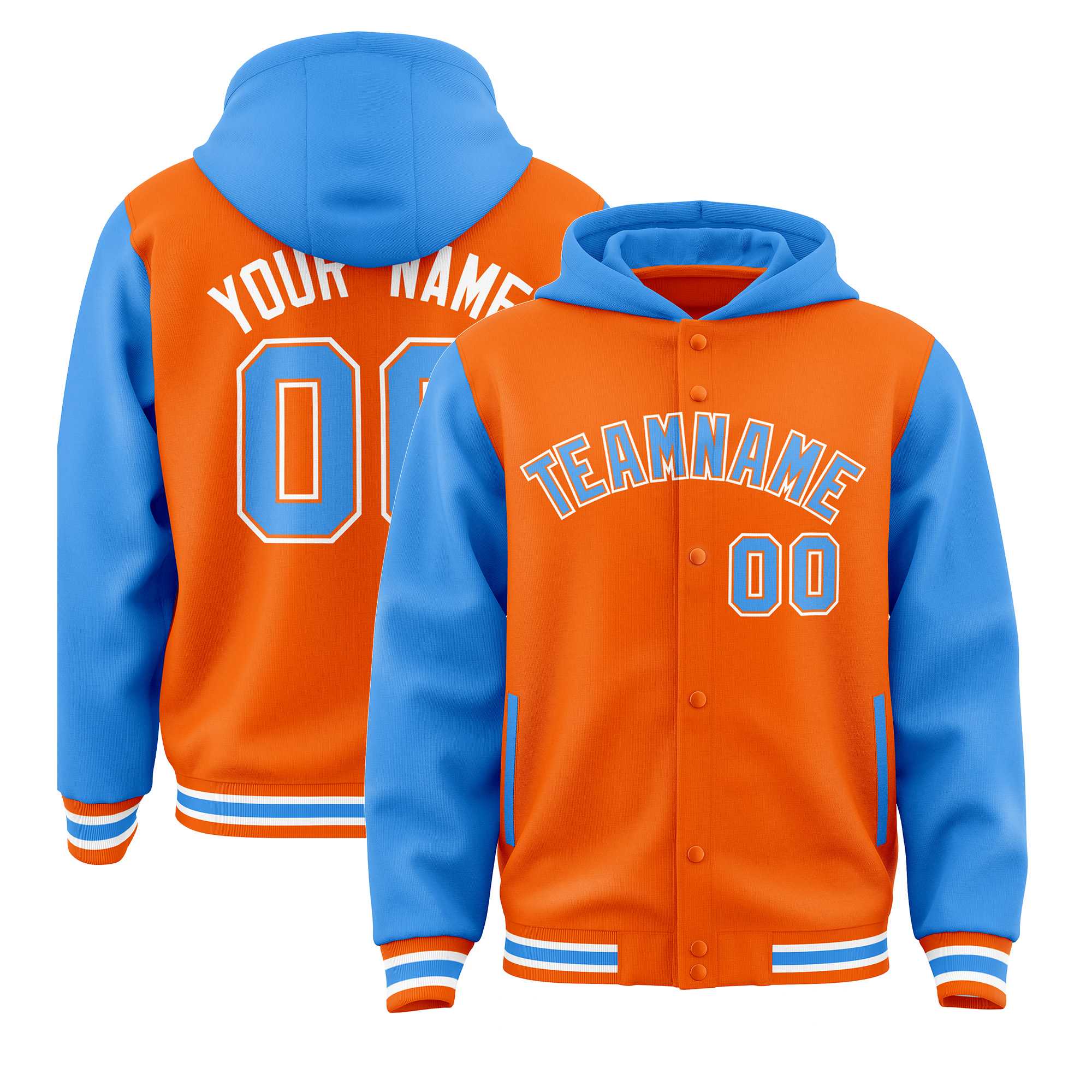 Custom Orange Powder Blue Raglan Sleeves Varsity Full-Snap Letterman Two Tone Jacket Hoodie