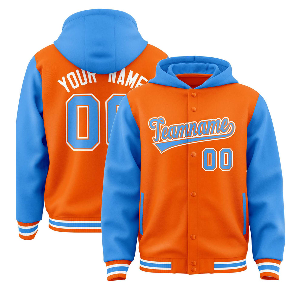 Custom Orange Powder Blue Raglan Sleeves Varsity Full-Snap Letterman Two Tone Jacket Hoodie