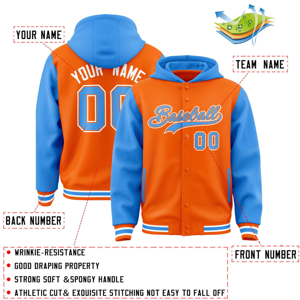 Custom Orange Powder Blue Raglan Sleeves Varsity Full-Snap Letterman Two Tone Jacket Hoodie