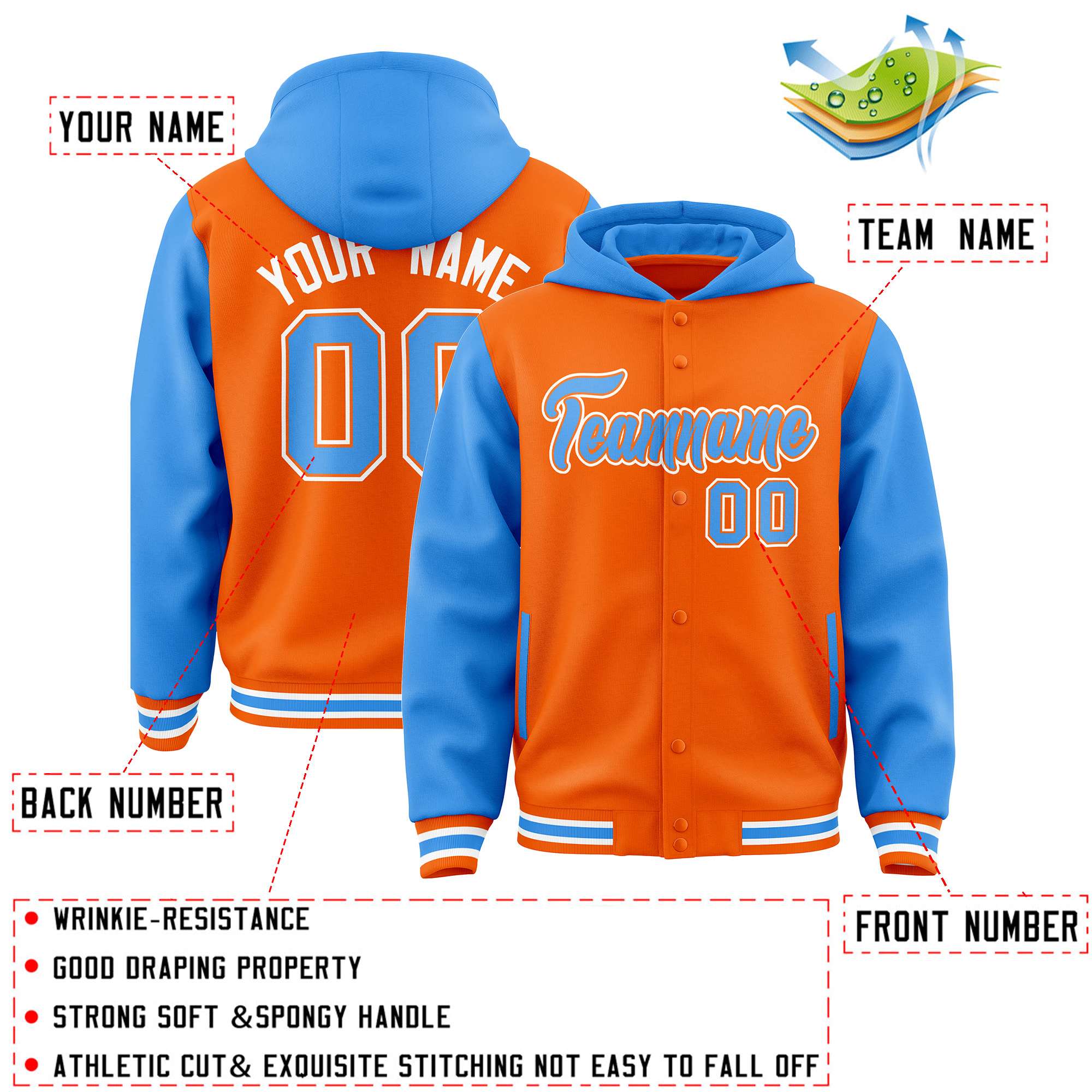 Custom Orange Powder Blue Raglan Sleeves Varsity Full-Snap Letterman Two Tone Jacket Hoodie