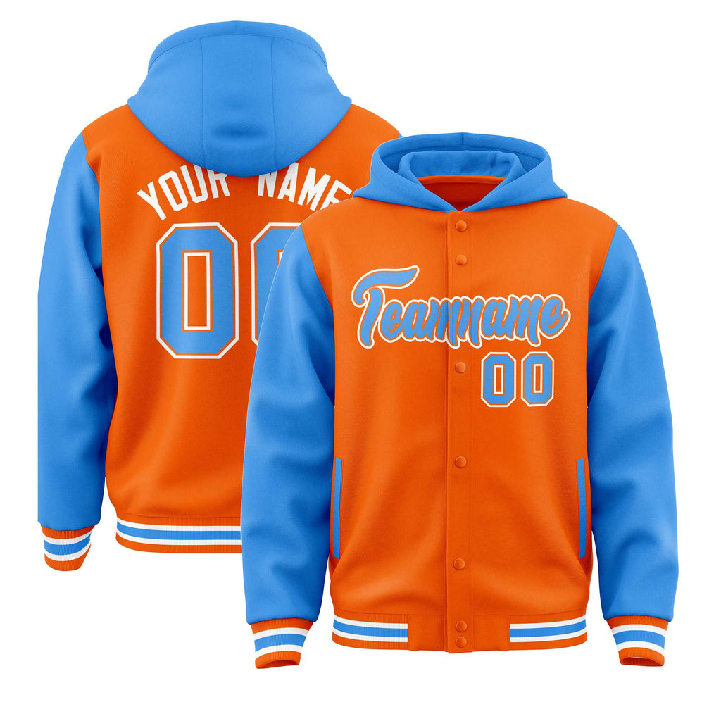 Custom Orange Powder Blue Raglan Sleeves Varsity Full-Snap Letterman Two Tone Jacket Hoodie
