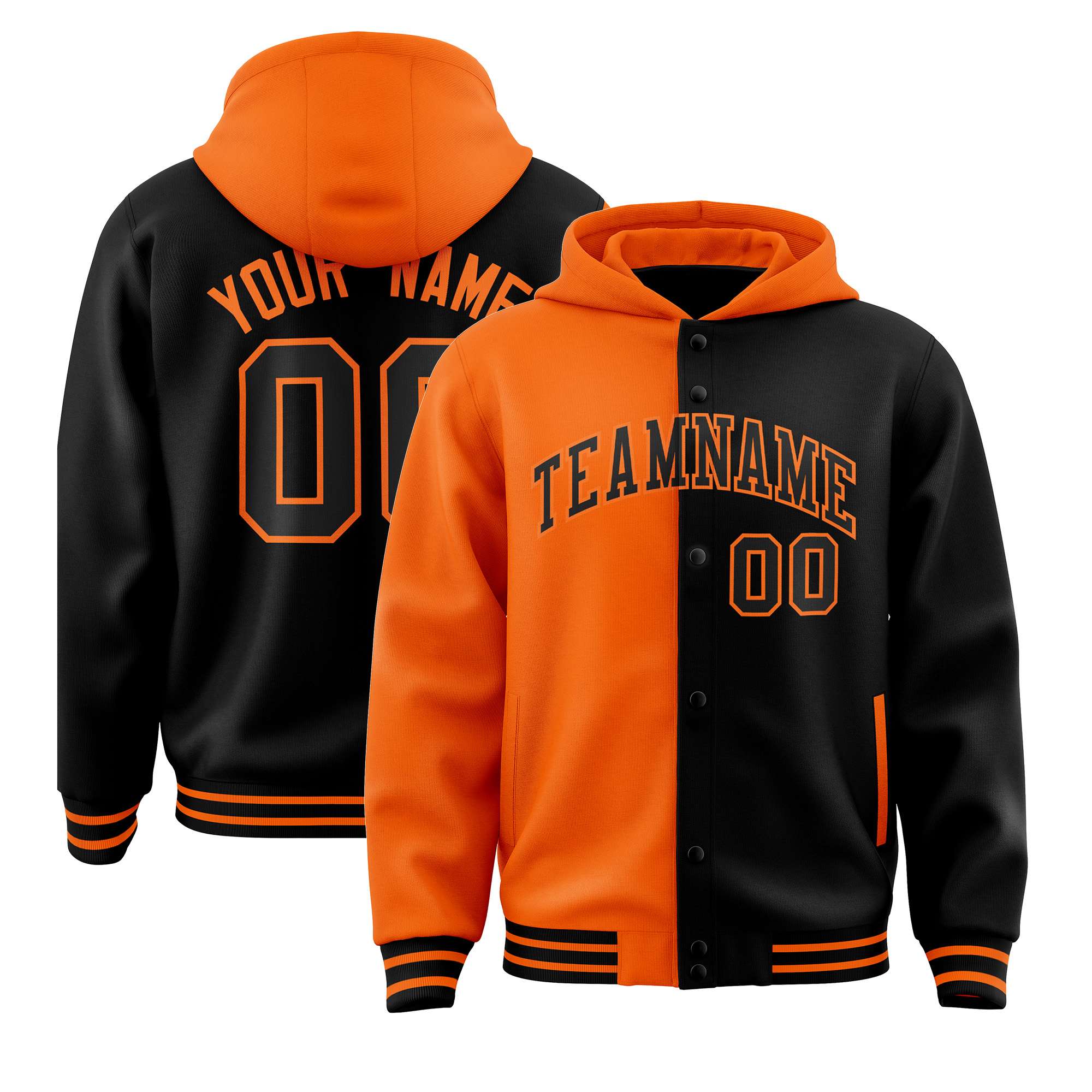 Custom Orange Black Split Fashion Varsity Full-Snap Letterman Two Tone Jacket Hoodie