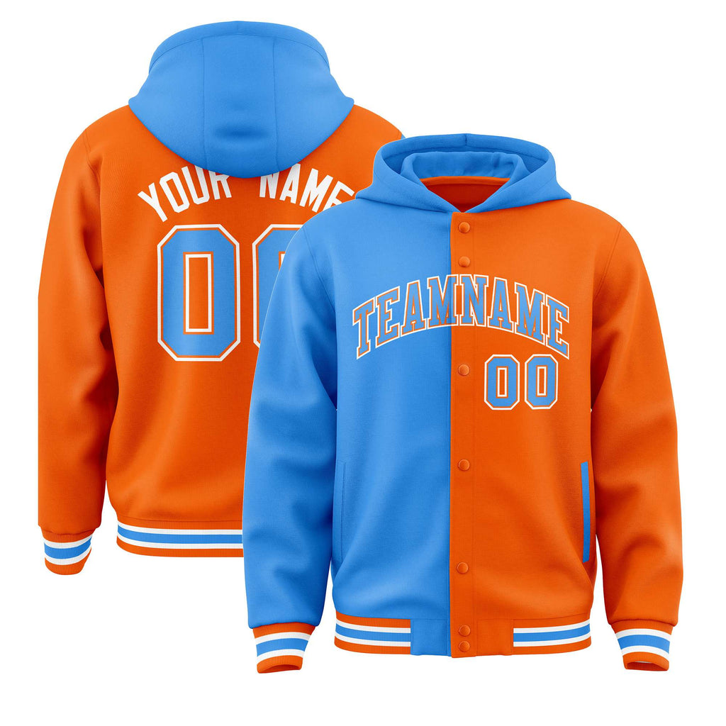 Custom Powder Blue Orange Split Fashion Varsity Full-Snap Letterman Two Tone Jacket Hoodie