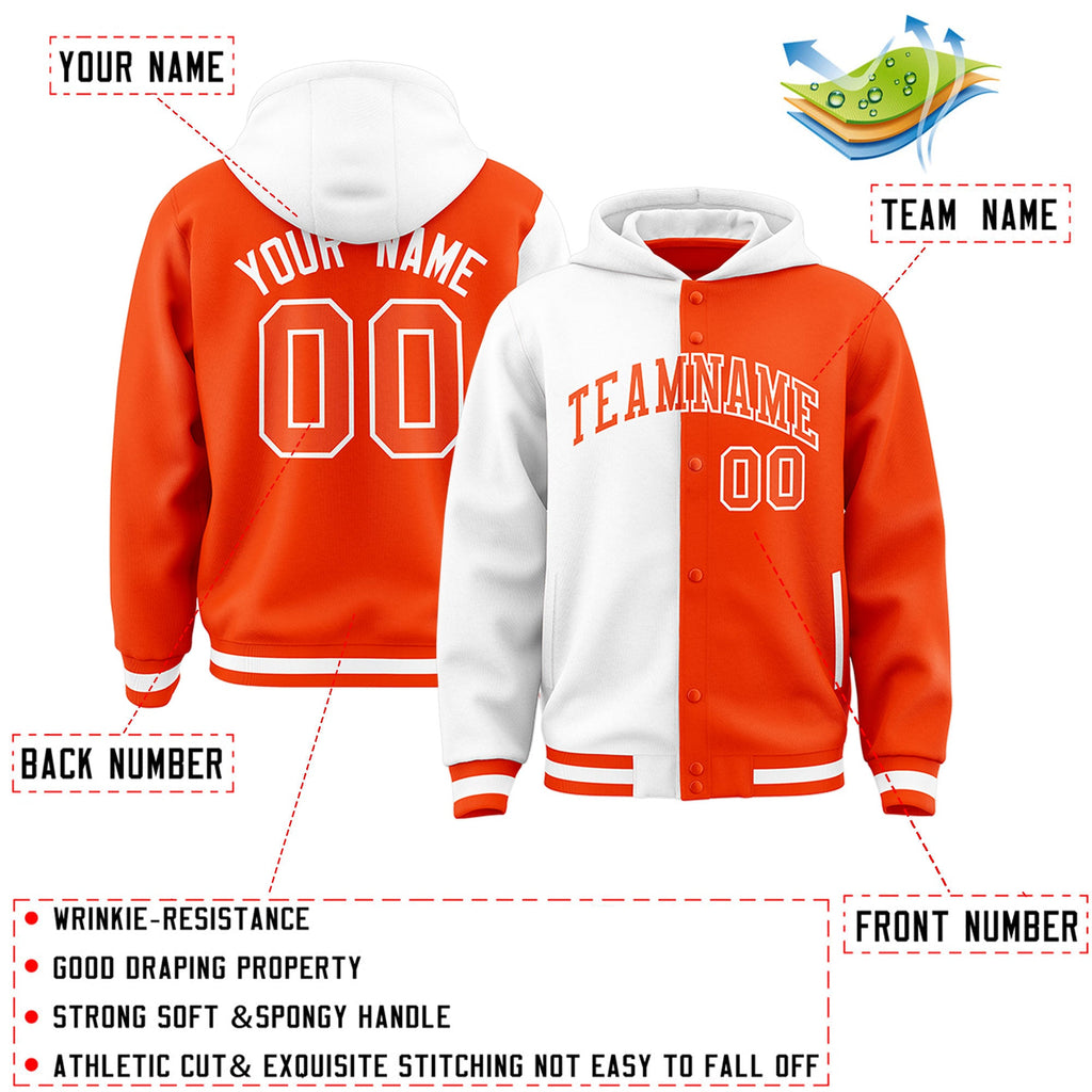 Custom White Orange Split Fashion Varsity Full-Snap Letterman Two Tone Jacket Hoodie