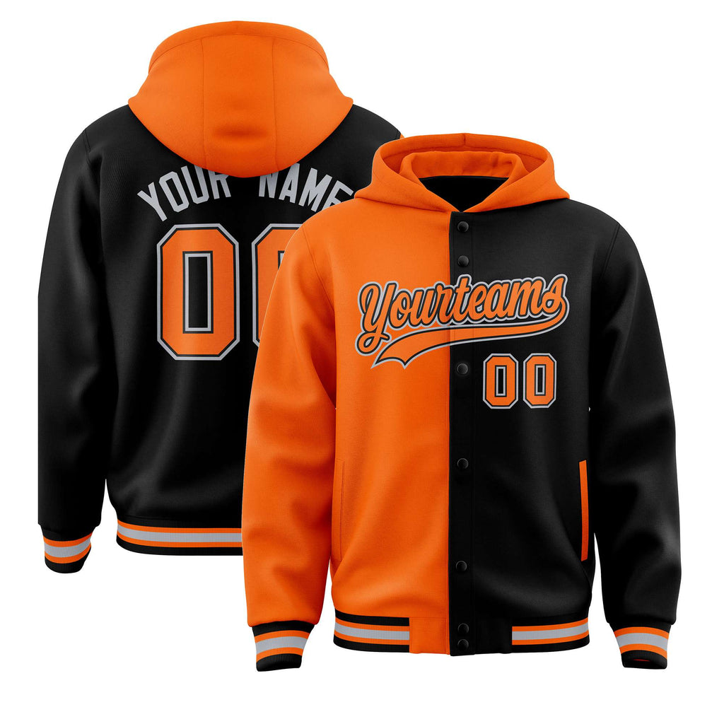 Custom Orange Black Split Fashion Varsity Full-Snap Letterman Two Tone Jacket Hoodie