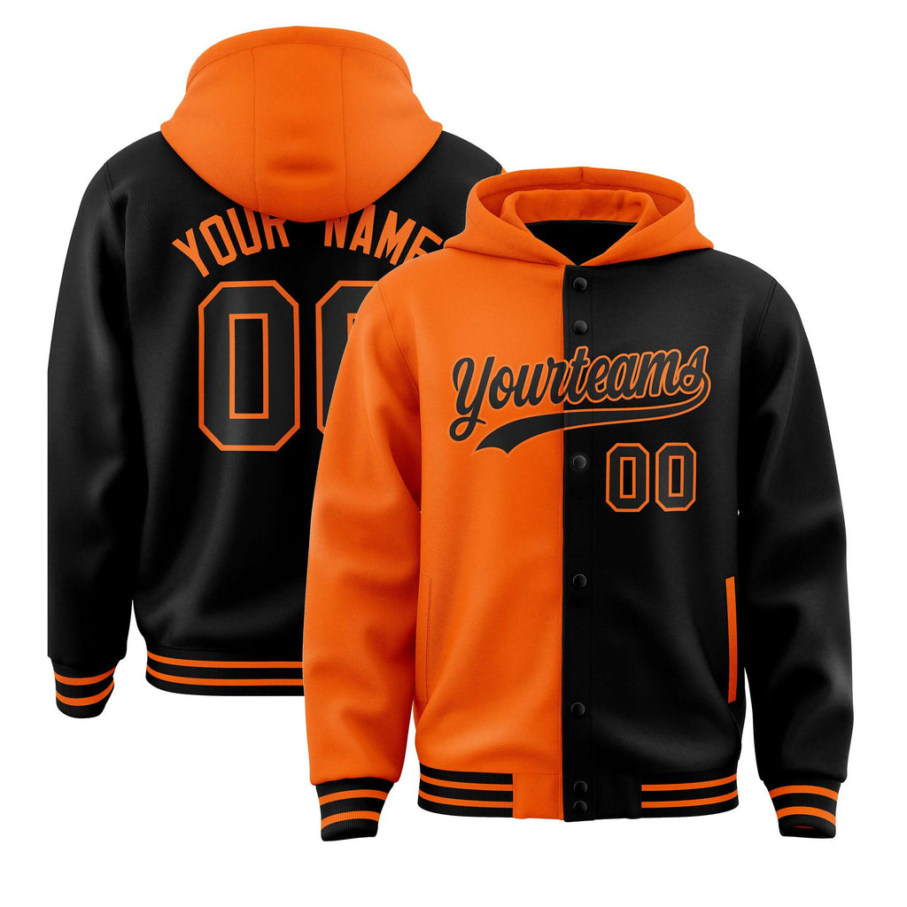 Custom Orange Black Split Fashion Varsity Full-Snap Letterman Two Tone Jacket Hoodie