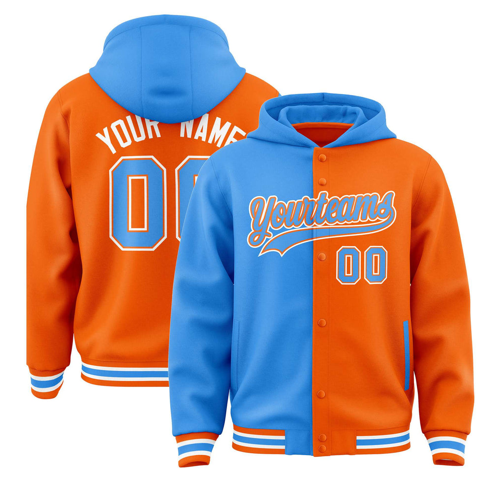 Custom Powder Blue Orange Split Fashion Varsity Full-Snap Letterman Two Tone Jacket Hoodie