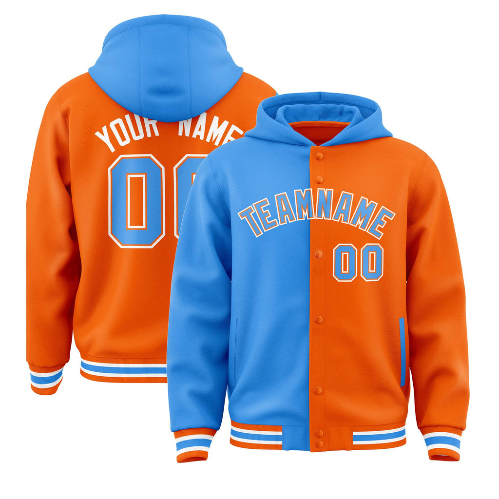 Custom Powder Blue Orange Split Fashion Varsity Full-Snap Letterman Two Tone Jacket Hoodie