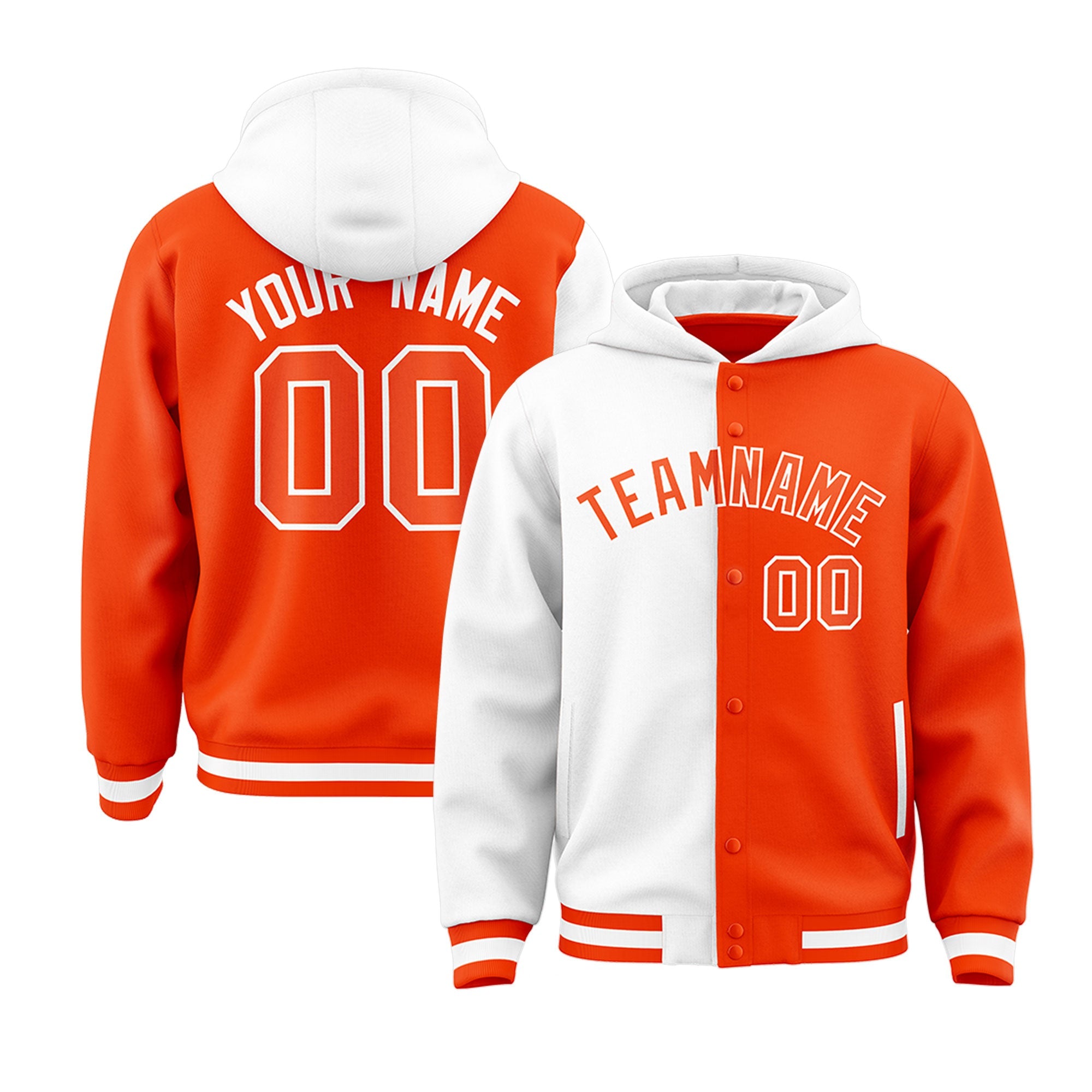 Custom White Orange Split Fashion Varsity Full-Snap Letterman Two Tone Jacket Hoodie