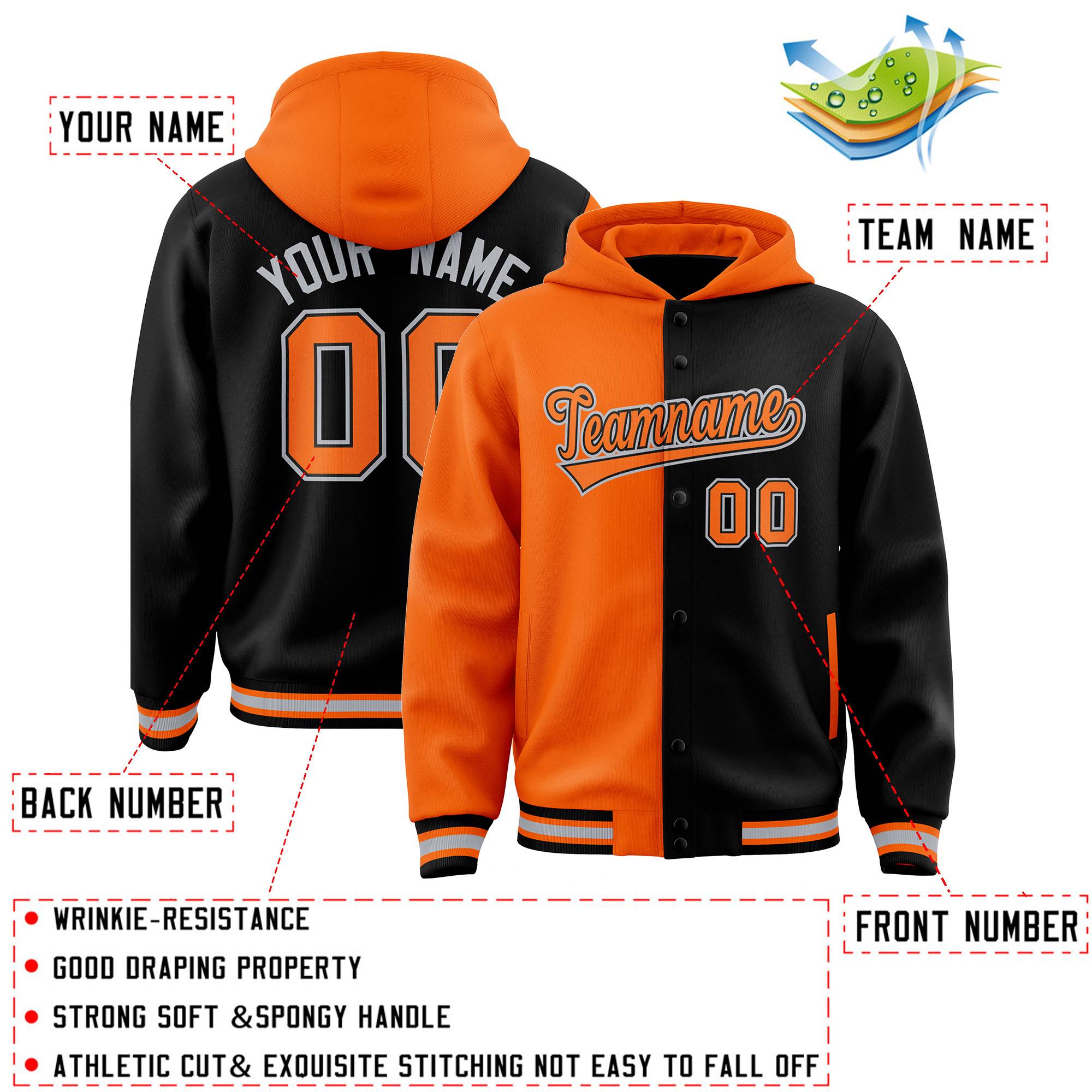 Custom Orange Black Split Fashion Varsity Full-Snap Letterman Two Tone Jacket Hoodie