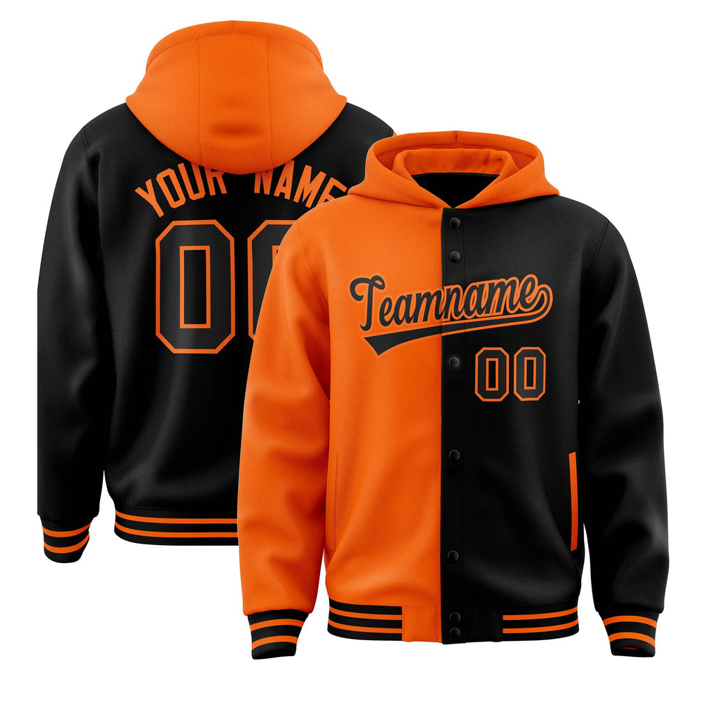 Custom Orange Black Split Fashion Varsity Full-Snap Letterman Two Tone Jacket Hoodie