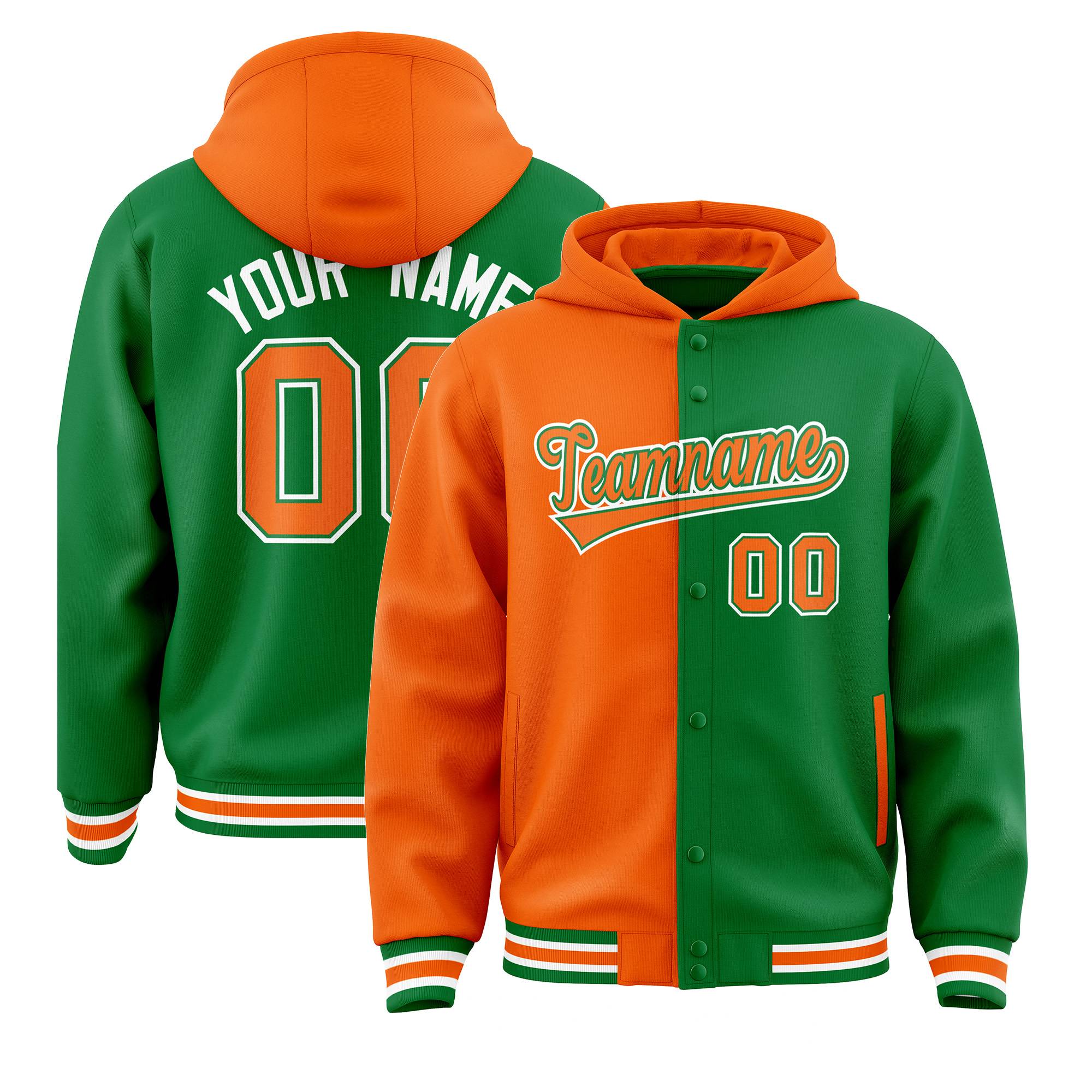 Custom Orange Kelly Green Split Fashion Varsity Full-Snap Letterman Two Tone Jacket Hoodie