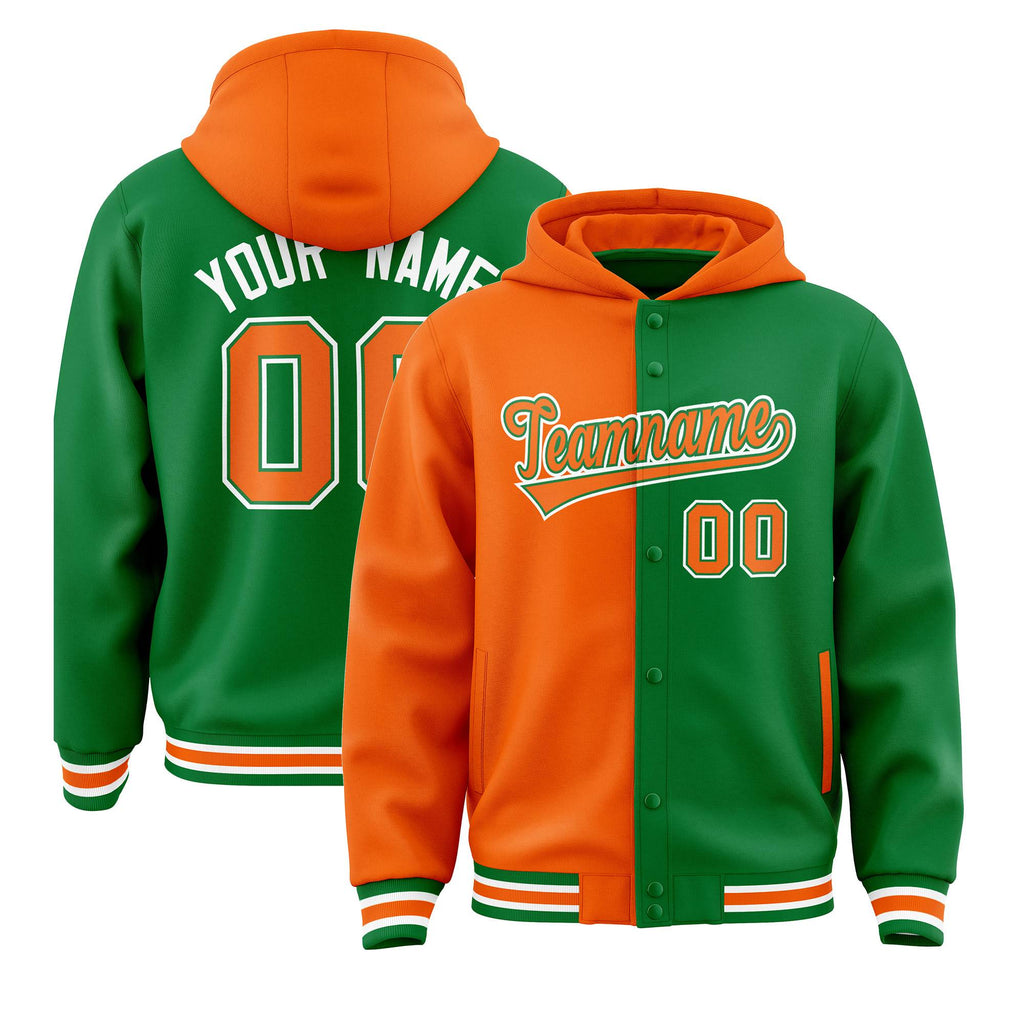 Custom Orange Kelly Green Split Fashion Varsity Full-Snap Letterman Two Tone Jacket Hoodie