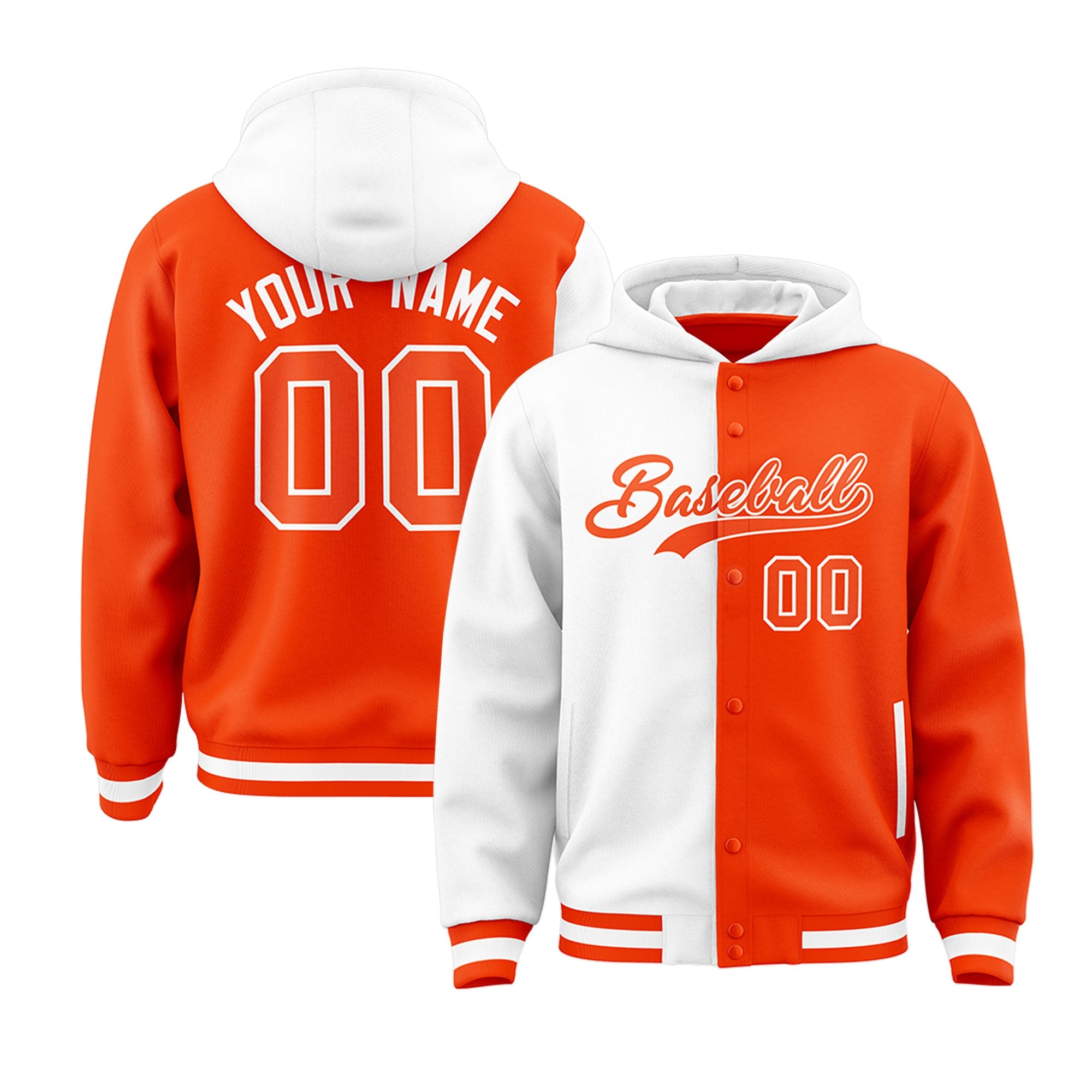 Custom White Orange Split Fashion Varsity Full-Snap Letterman Two Tone Jacket Hoodie