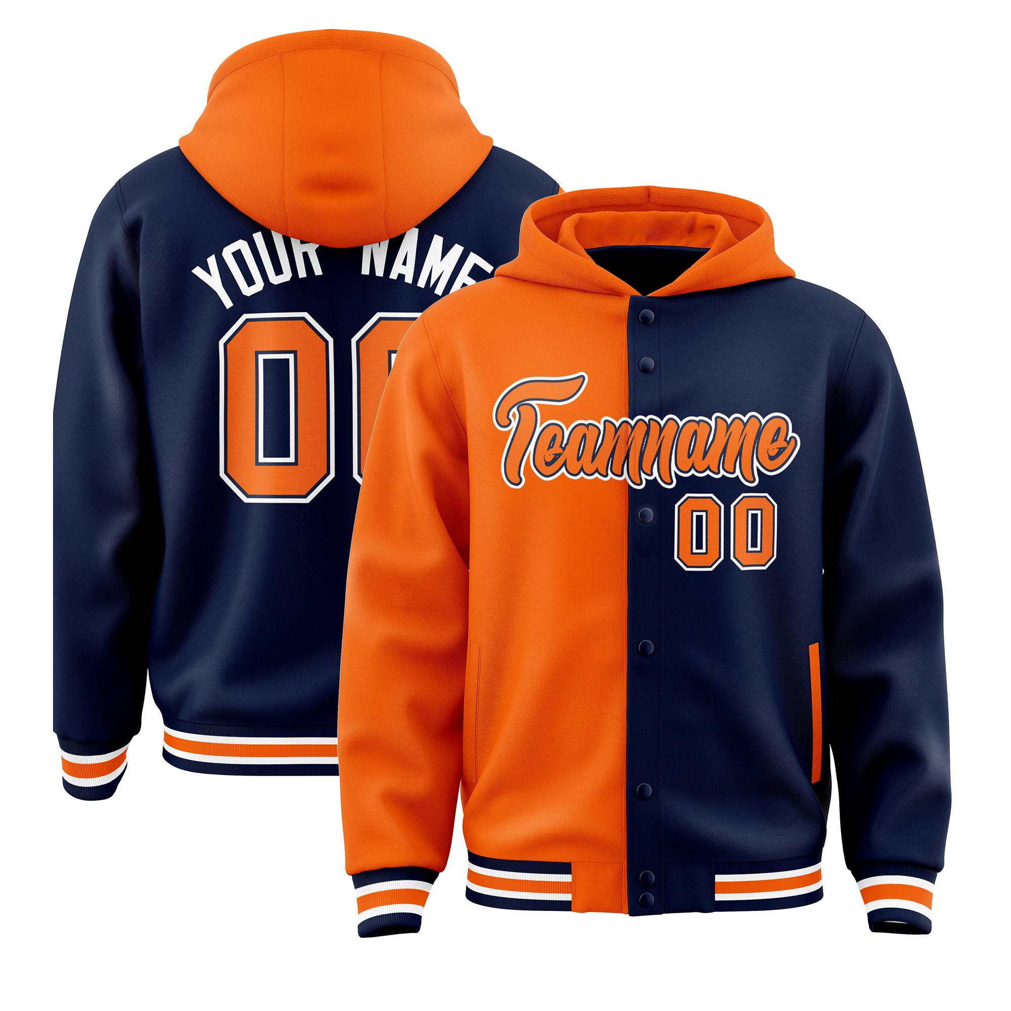 Custom Orange Navy Split Fashion Varsity Full-Snap Letterman Two Tone Jacket Hoodie