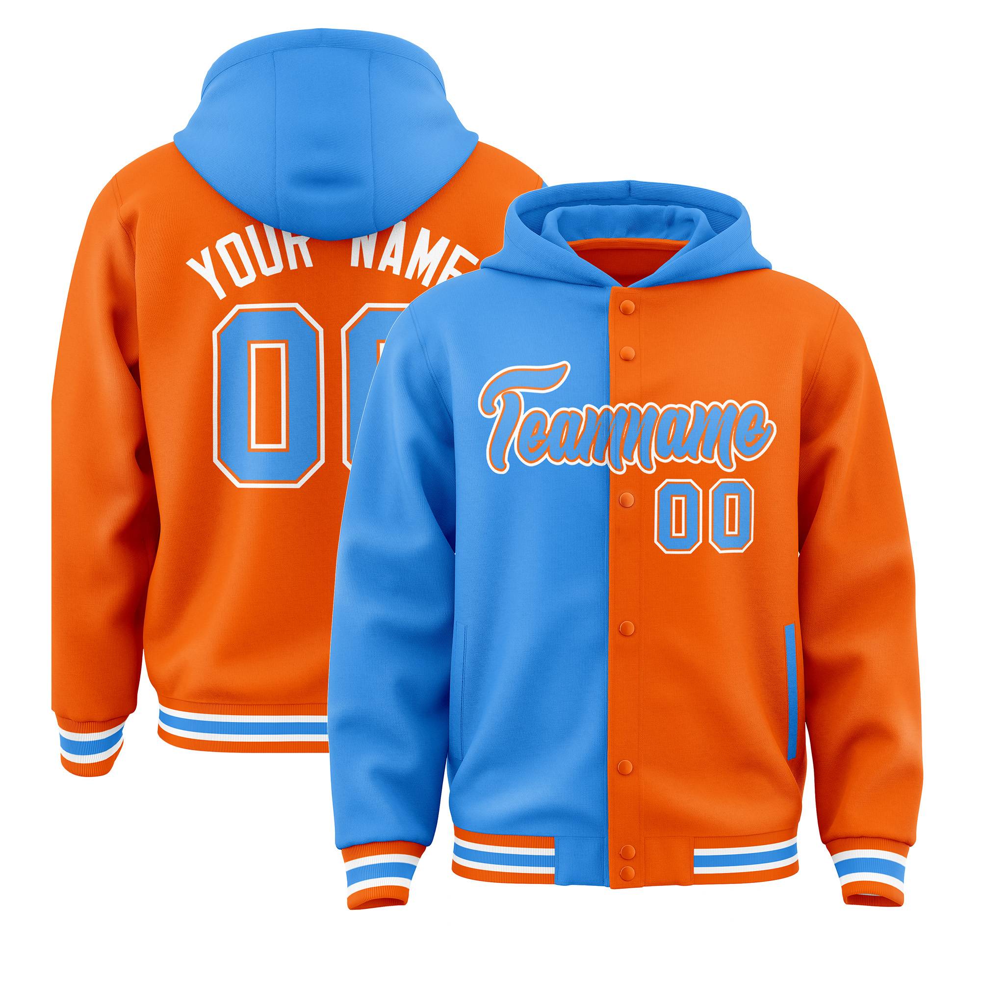 Custom Powder Blue Orange Split Fashion Varsity Full-Snap Letterman Two Tone Jacket Hoodie