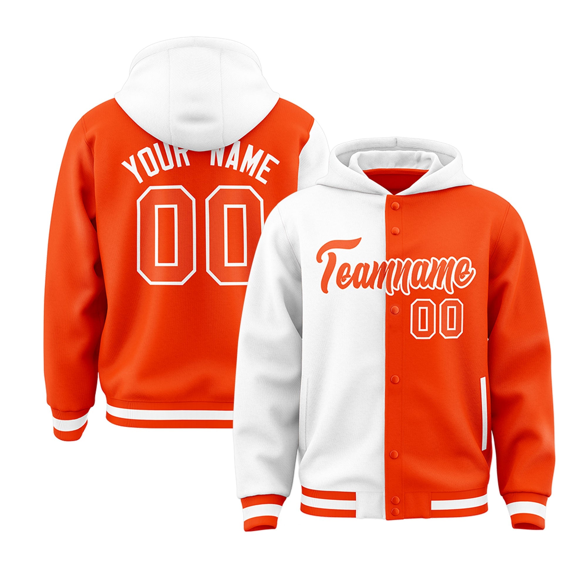 Custom White Orange Split Fashion Varsity Full-Snap Letterman Two Tone Jacket Hoodie