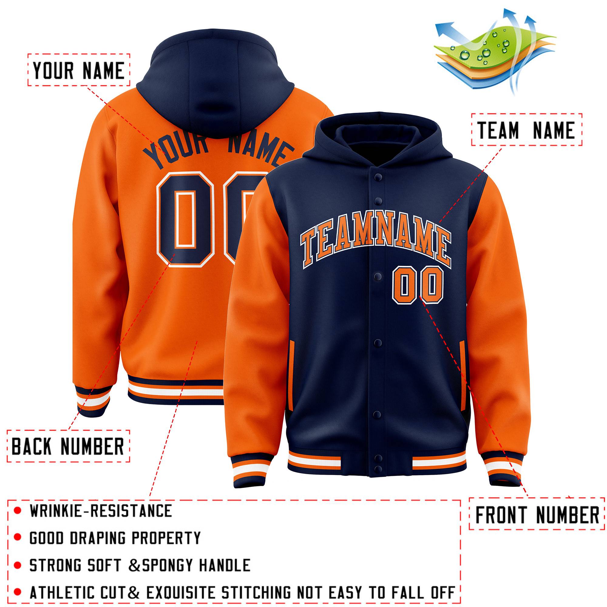 Custom Navy Orange Raglan Sleeves Varsity Full-Snap Letterman Two Tone Jacket Hoodie