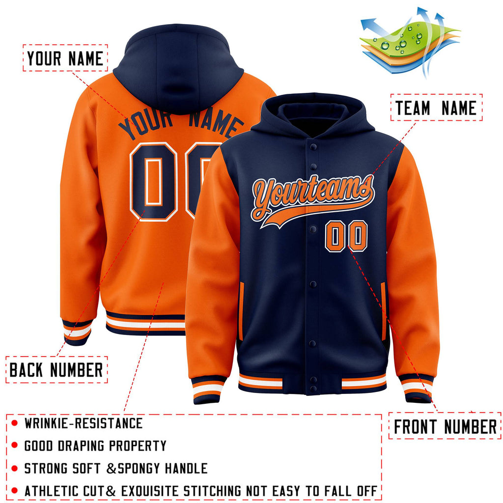 Custom Navy Orange Raglan Sleeves Varsity Full-Snap Letterman Two Tone Jacket Hoodie