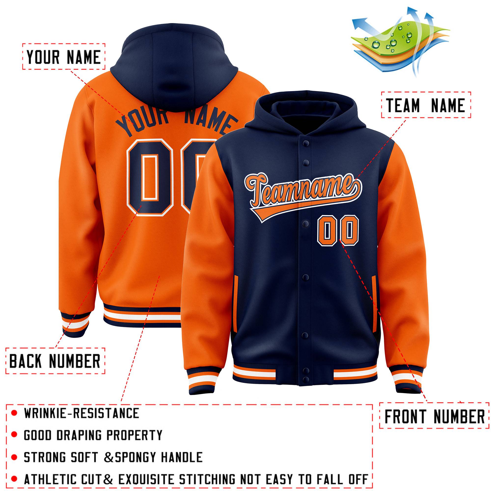 Custom Navy Orange Raglan Sleeves Varsity Full-Snap Letterman Two Tone Jacket Hoodie
