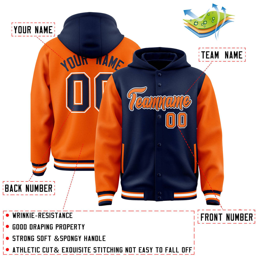Custom Navy Orange Raglan Sleeves Varsity Full-Snap Letterman Two Tone Jacket Hoodie