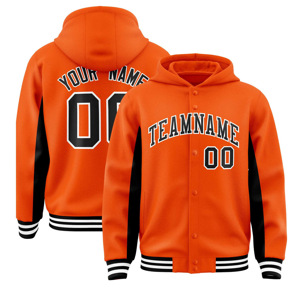 Custom Orange Black Color Block Varsity Full-Snap Letterman Jacket Hoodie