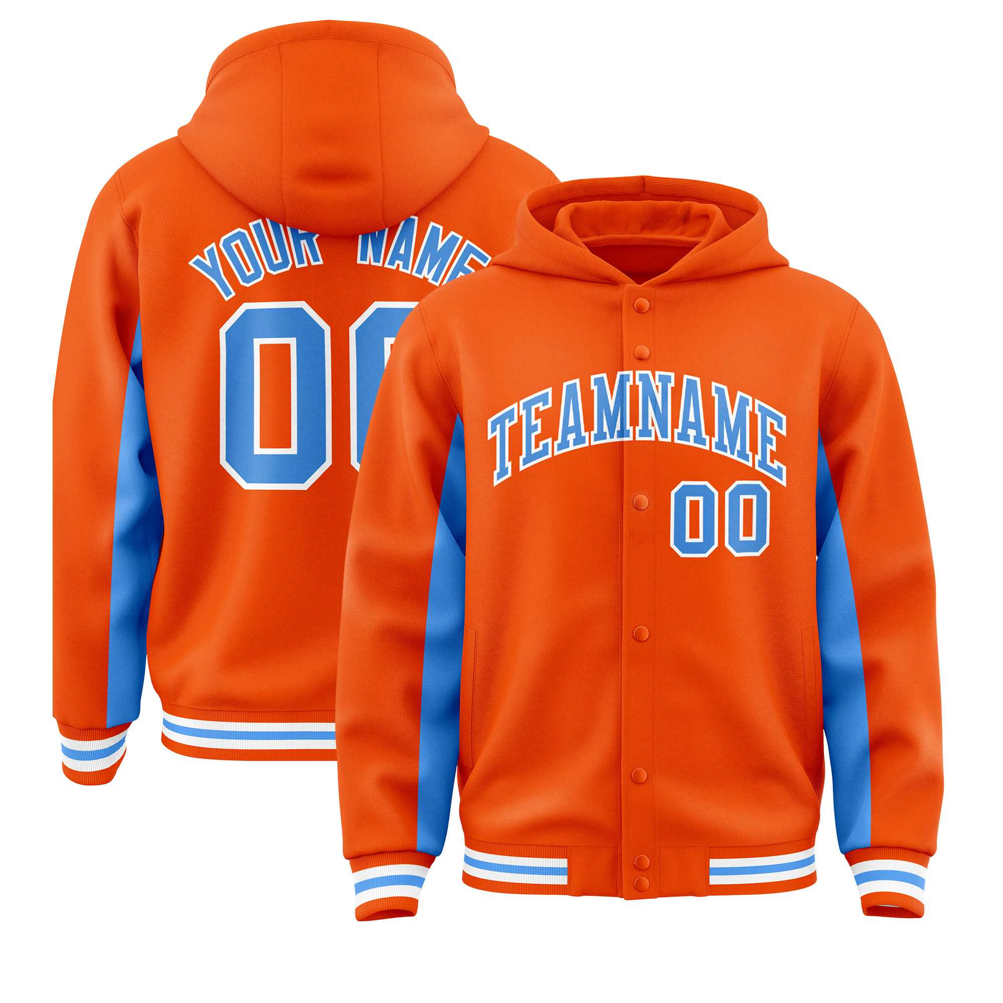 Custom Orange Powder Blue Color Block Varsity Full-Snap Letterman Jacket Hoodie