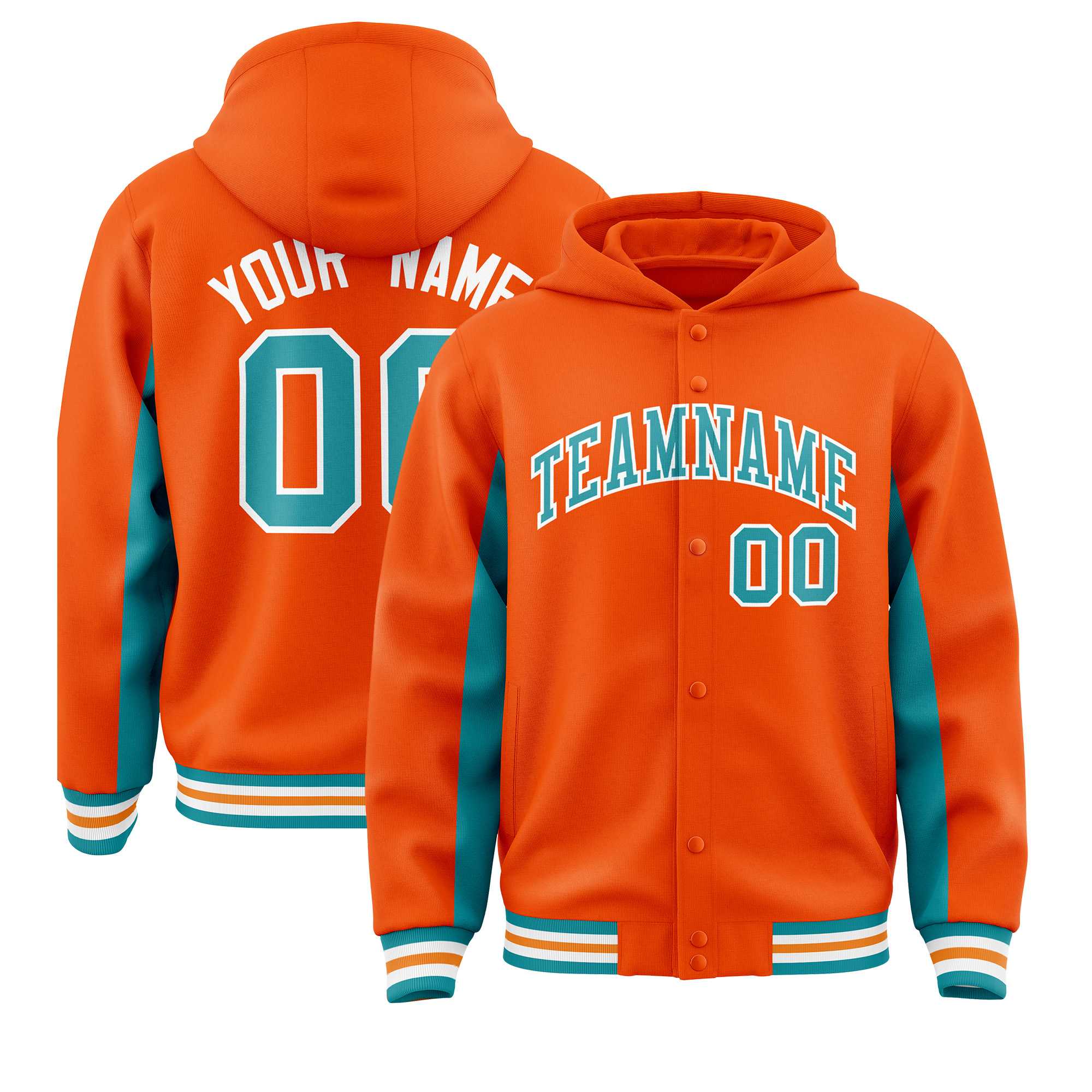 Custom Orange Aqua Color Block Varsity Full-Snap Letterman Jacket Hoodie