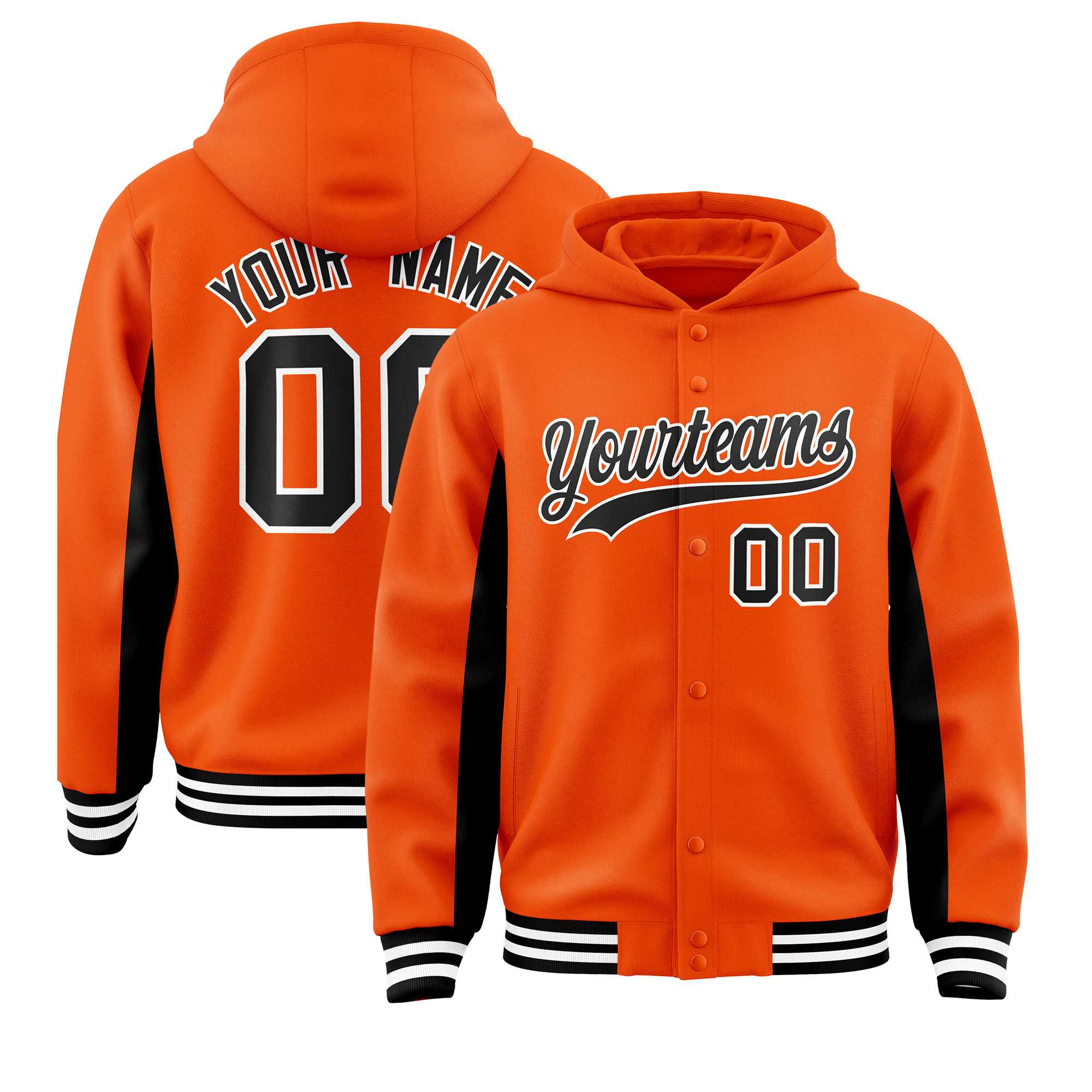Custom Orange Black Color Block Varsity Full-Snap Letterman Jacket Hoodie