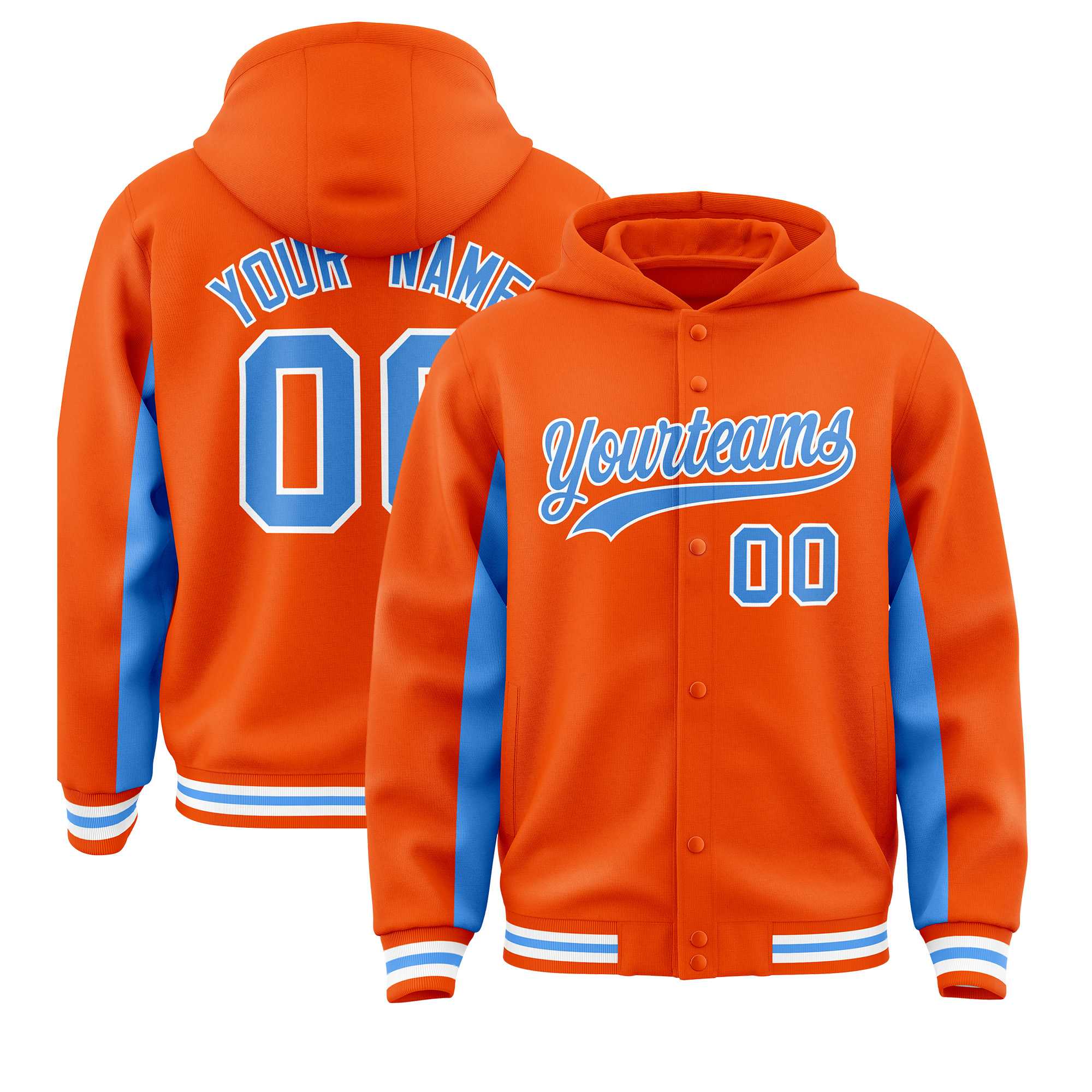 Custom Orange Powder Blue Color Block Varsity Full-Snap Letterman Jacket Hoodie