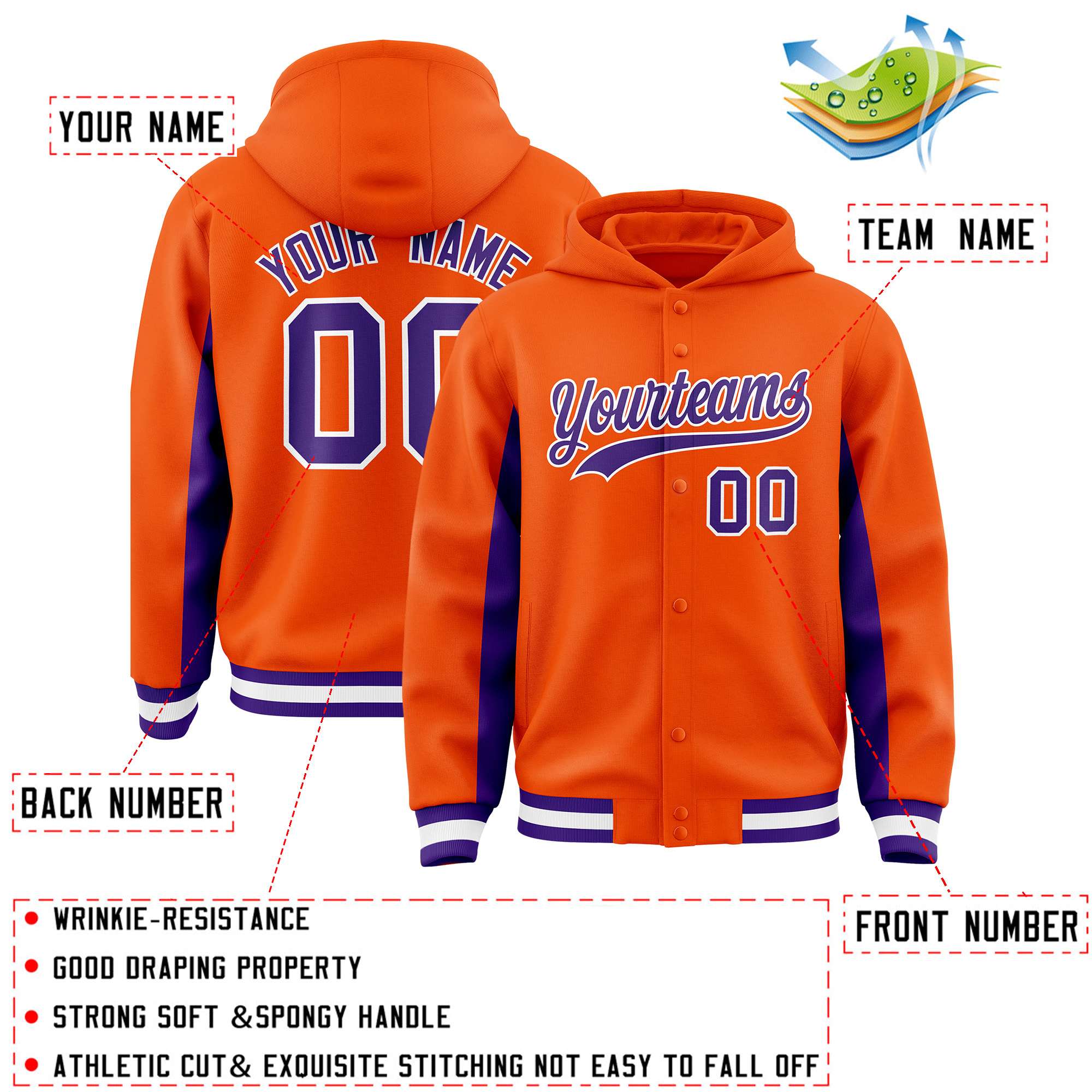 Custom Orange Purple Color Block Varsity Full-Snap Letterman Jacket Hoodie