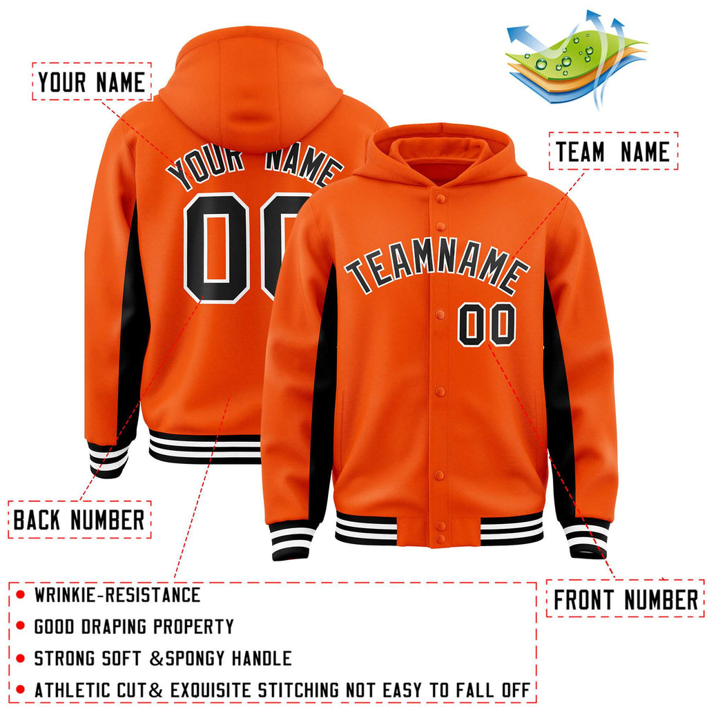 Custom Orange Black Color Block Varsity Full-Snap Letterman Jacket Hoodie
