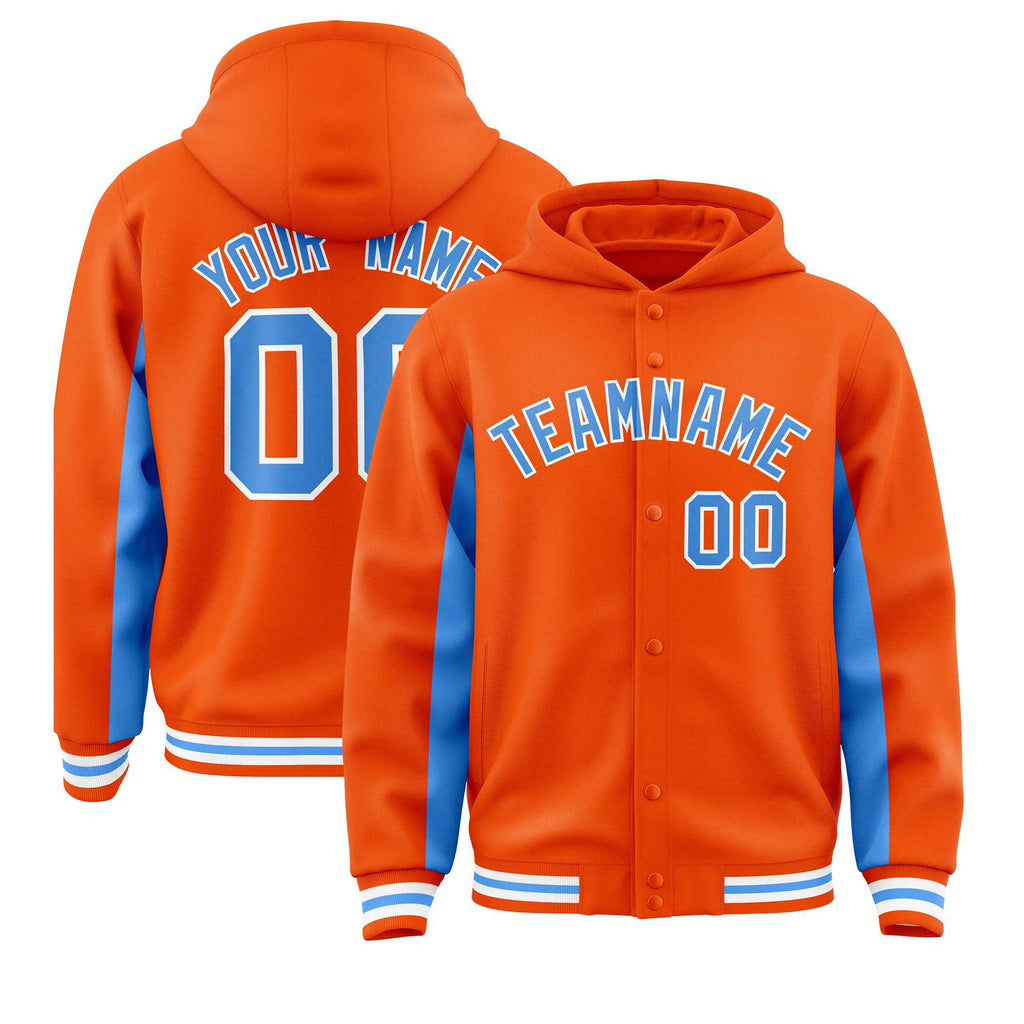 Custom Orange Powder Blue Color Block Varsity Full-Snap Letterman Jacket Hoodie