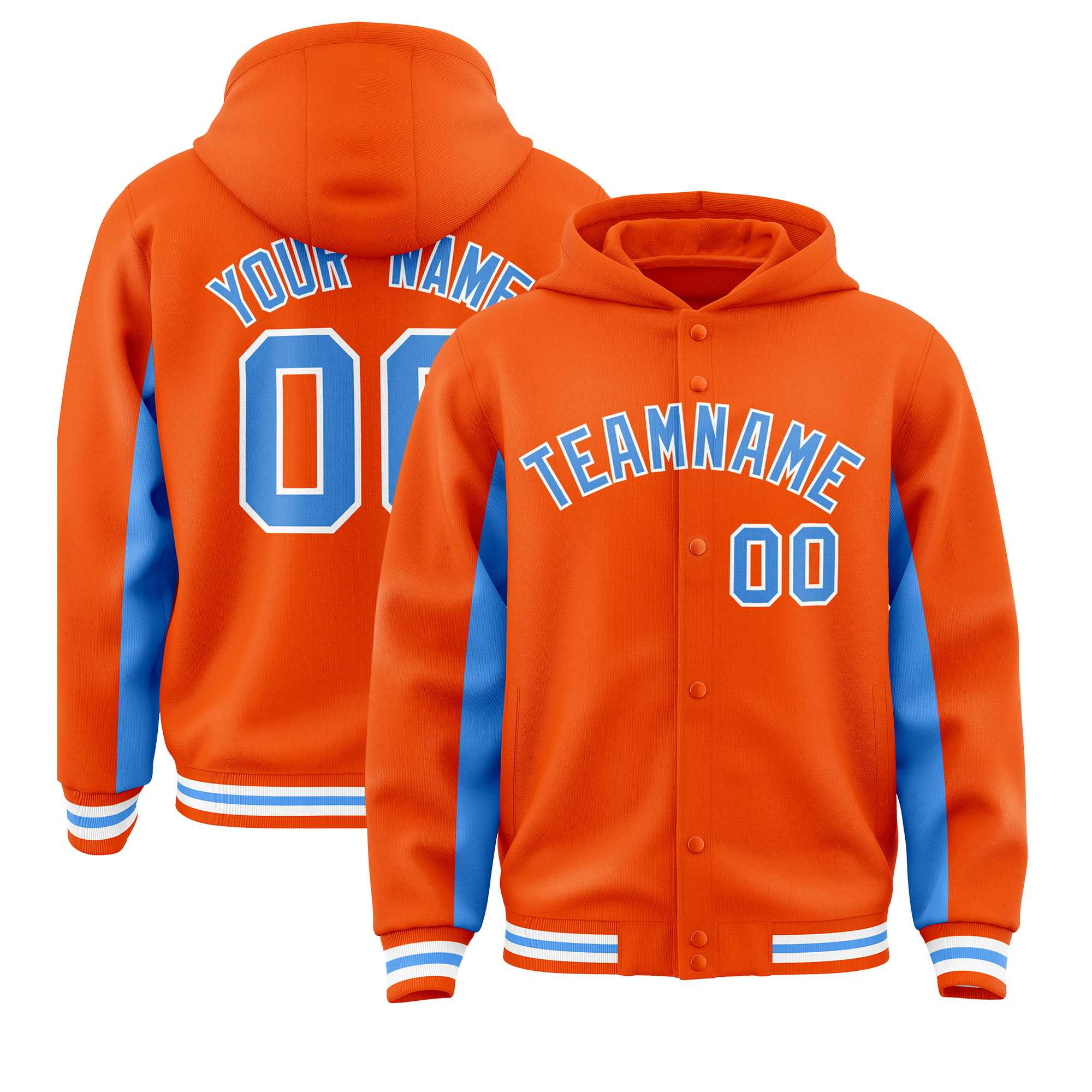 Custom Orange Powder Blue Color Block Varsity Full-Snap Letterman Jacket Hoodie