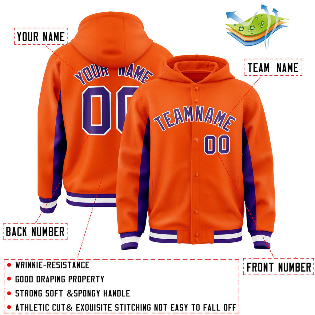 Custom Orange Purple Color Block Varsity Full-Snap Letterman Jacket Hoodie