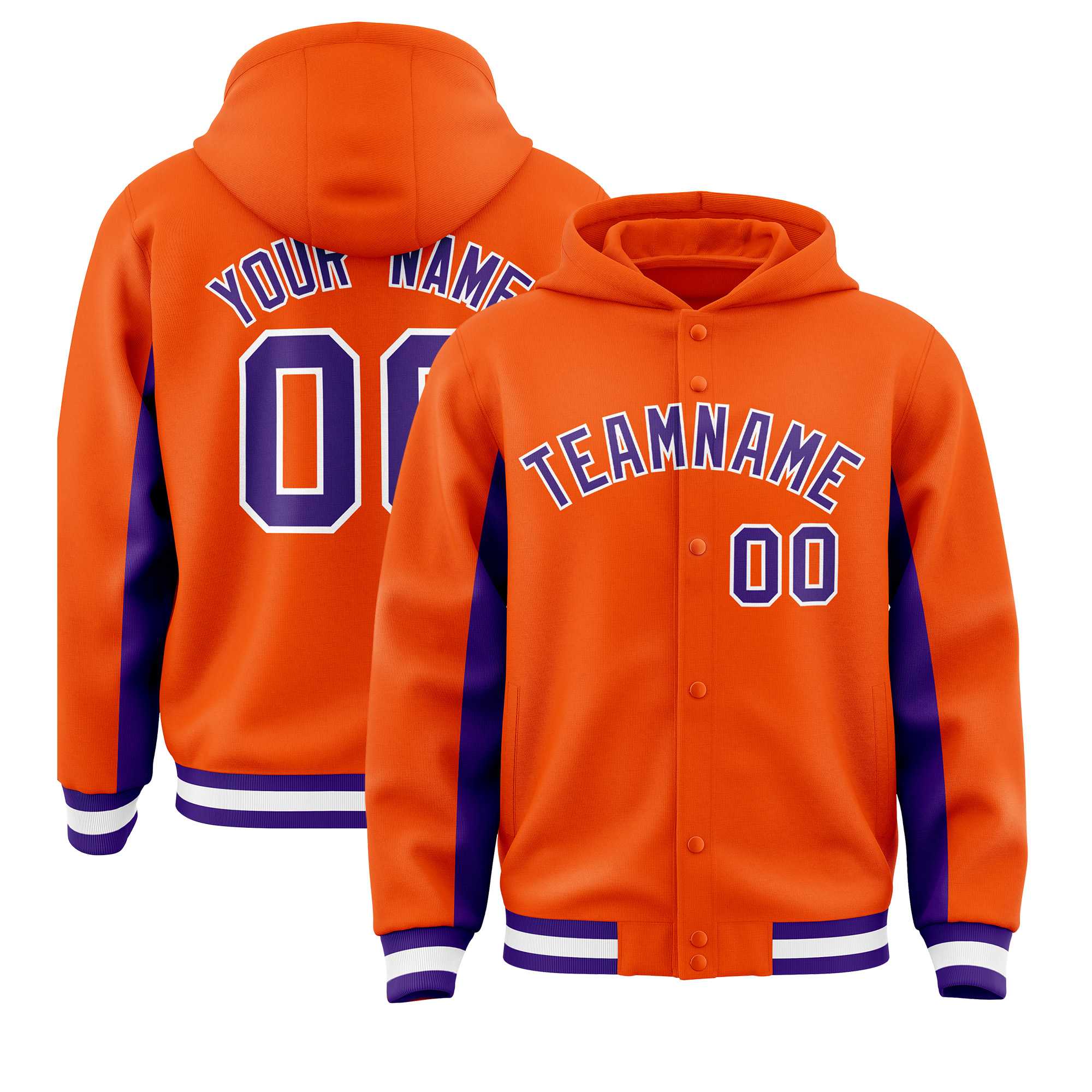 Custom Orange Purple Color Block Varsity Full-Snap Letterman Jacket Hoodie