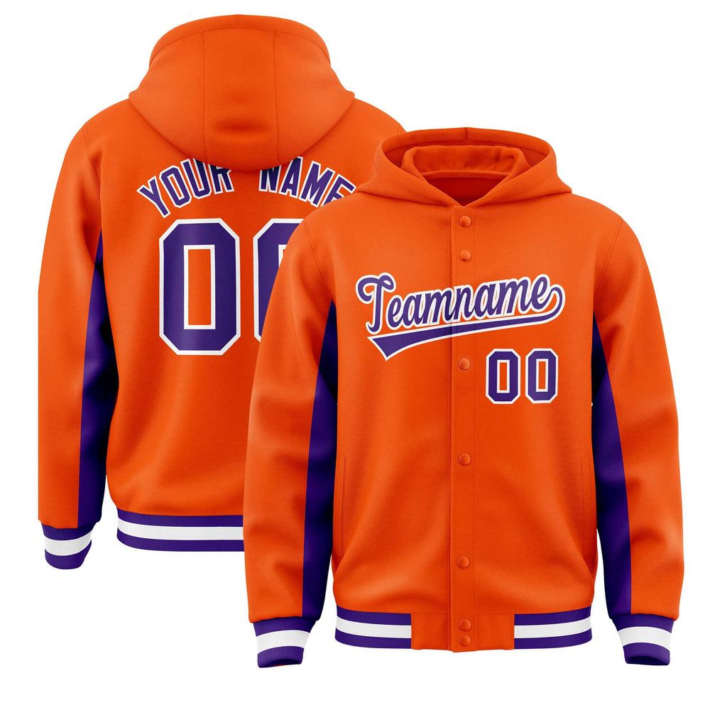 Custom Orange Purple Color Block Varsity Full-Snap Letterman Jacket Hoodie