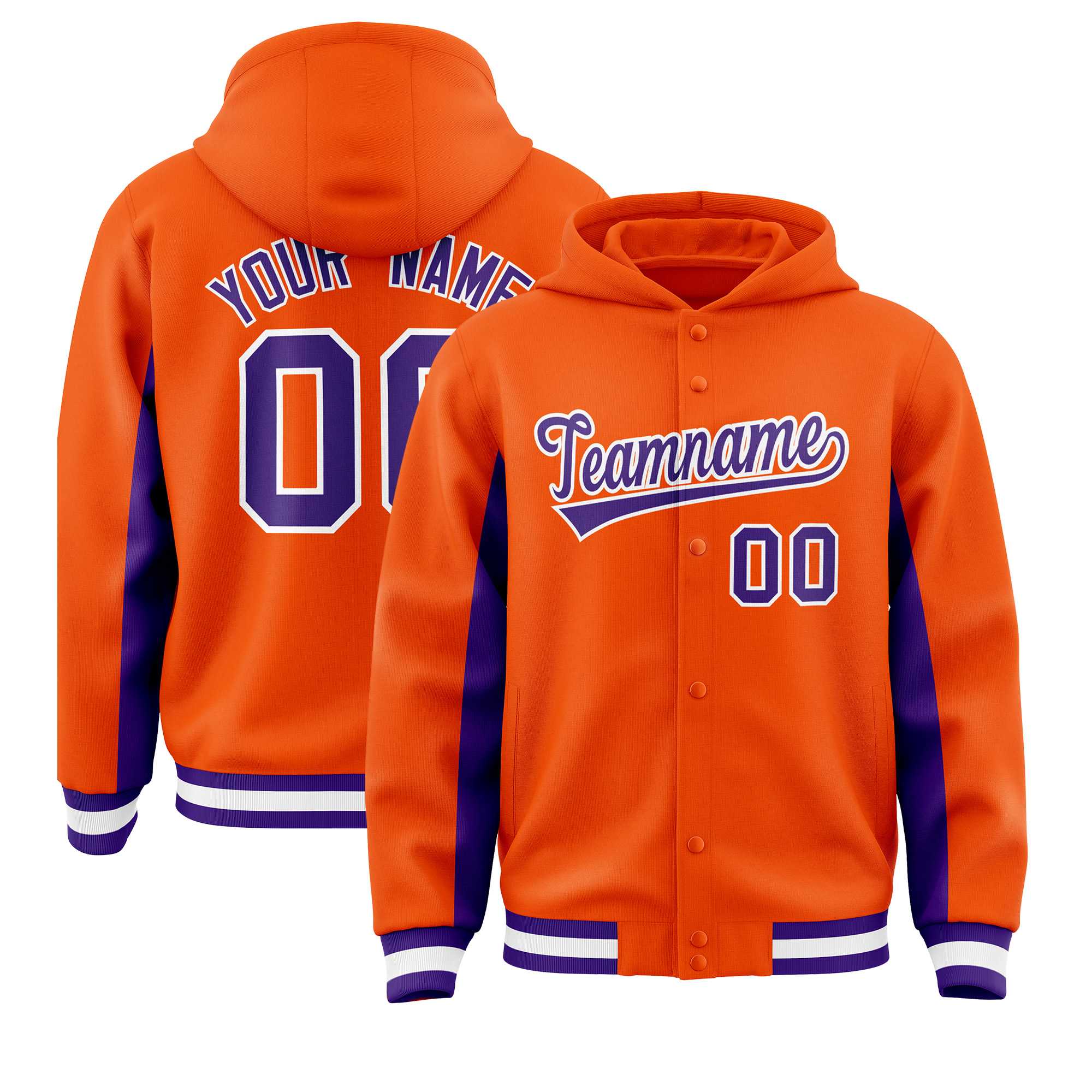 Custom Orange Purple Color Block Varsity Full-Snap Letterman Jacket Hoodie