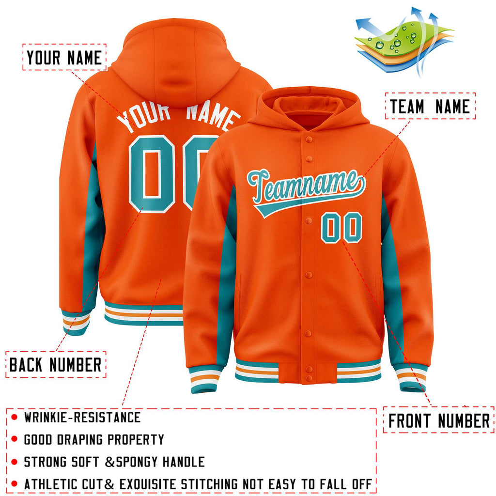 Custom Orange Aqua Color Block Varsity Full-Snap Letterman Jacket Hoodie