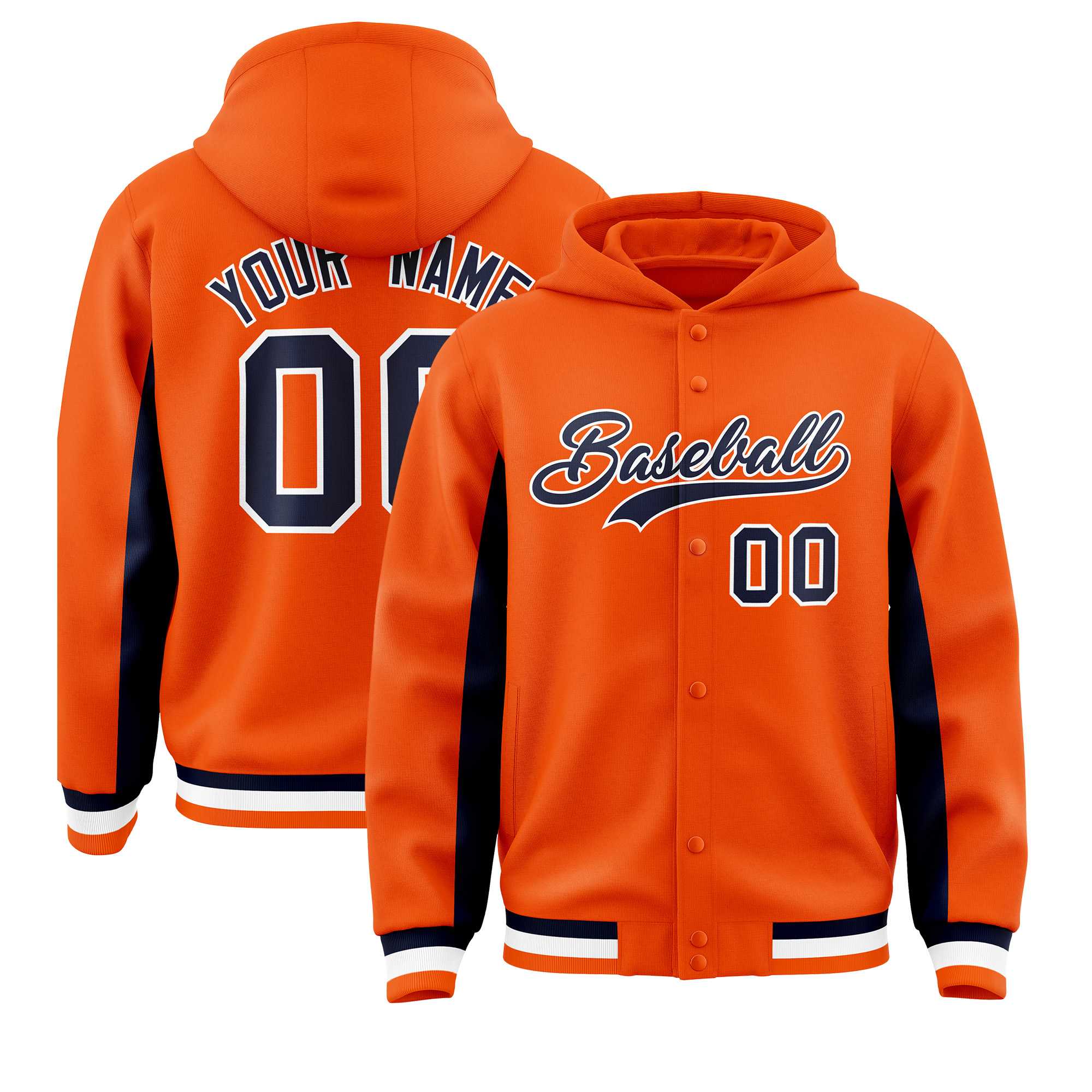 Custom Orange Navy Color Block Varsity Full-Snap Letterman Jacket Hoodie