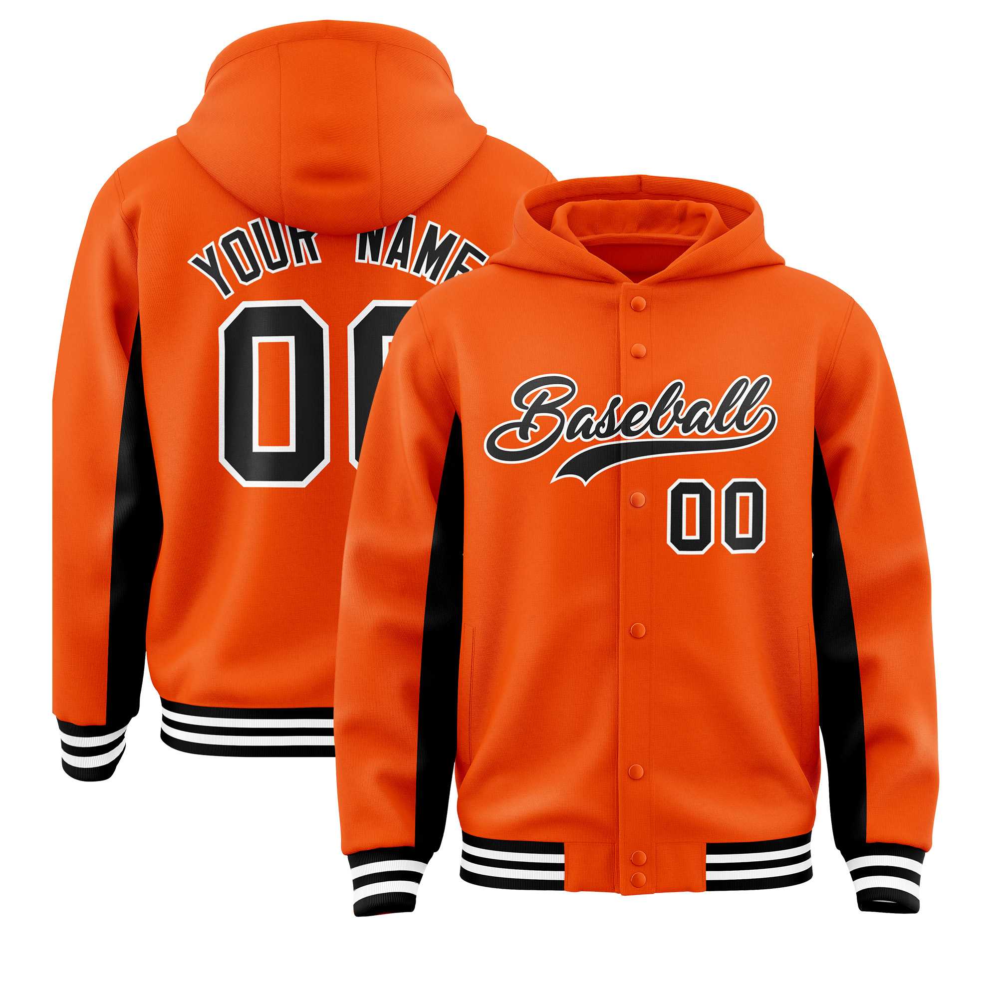 Custom Orange Black Color Block Varsity Full-Snap Letterman Jacket Hoodie