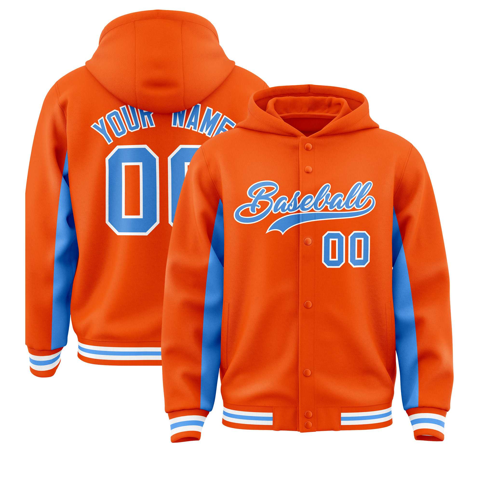 Custom Orange Powder Blue Color Block Varsity Full-Snap Letterman Jacket Hoodie