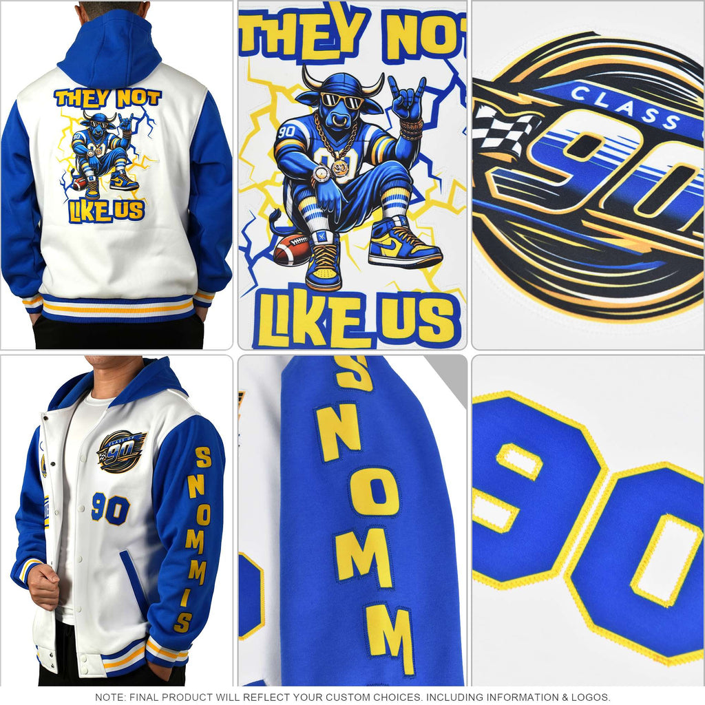Custom Orange Navy Color Block Varsity Full-Snap Letterman Jacket Hoodie